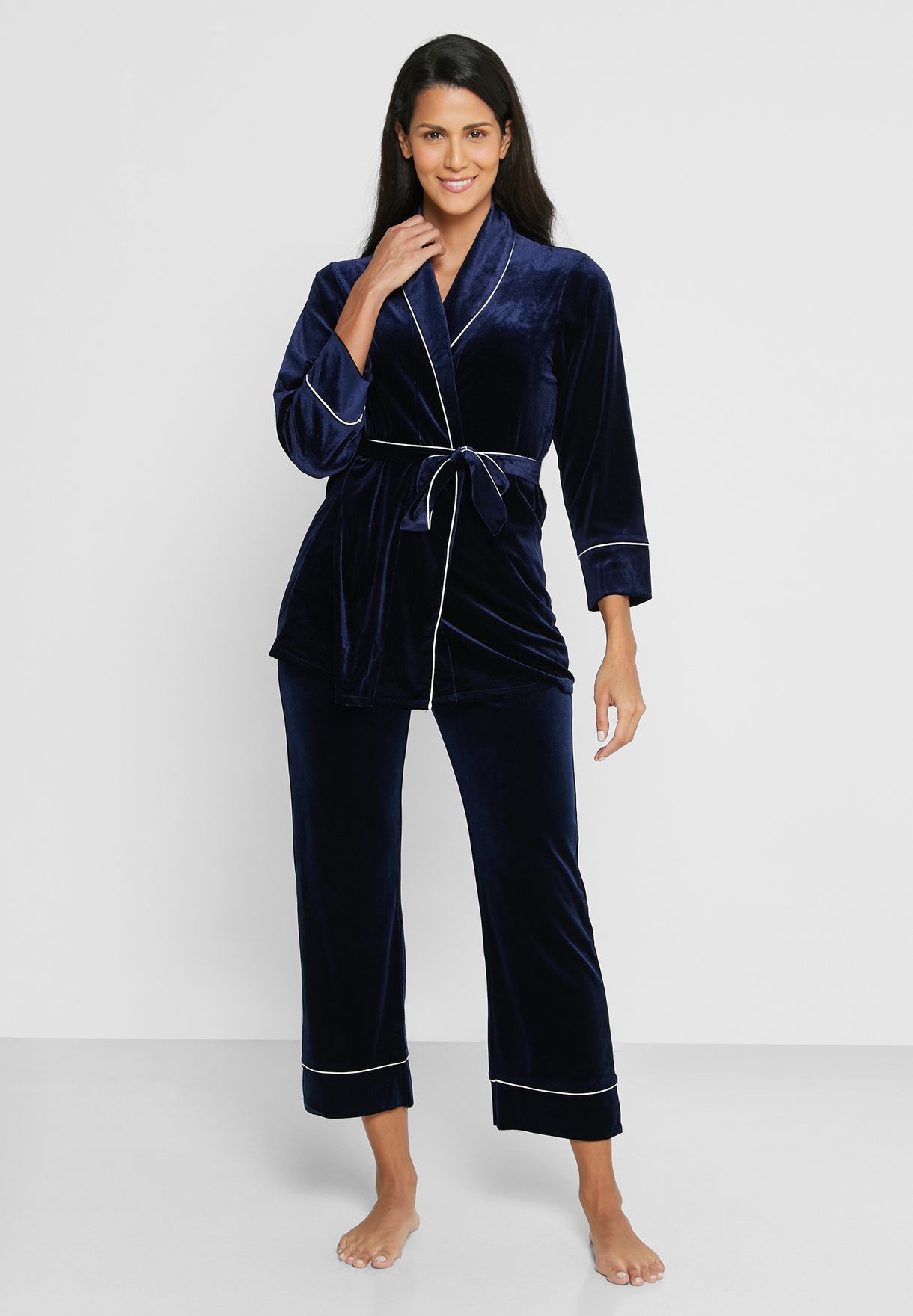 Buy Ella navy Robe Top With Wide Leg Pants Nightsuit Set for Women in ...