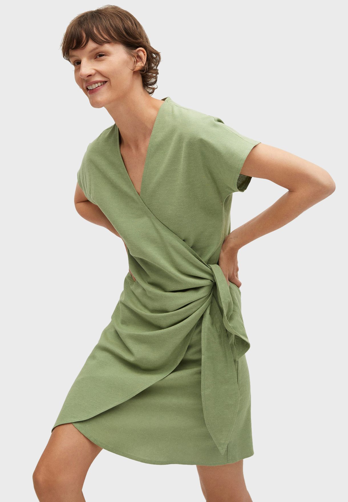 Mango green Drop Shoulder Wrap Dress ...