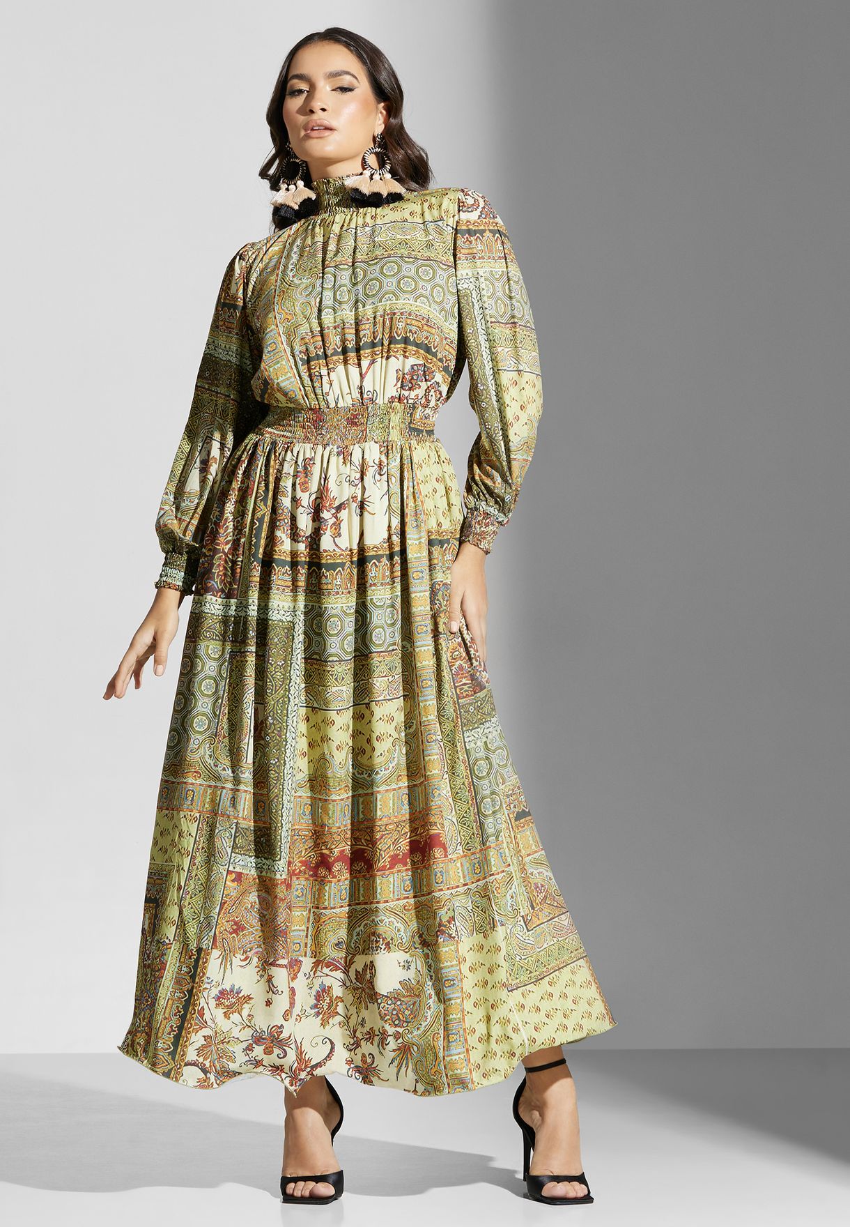 High Neck Tiered Printed Dress