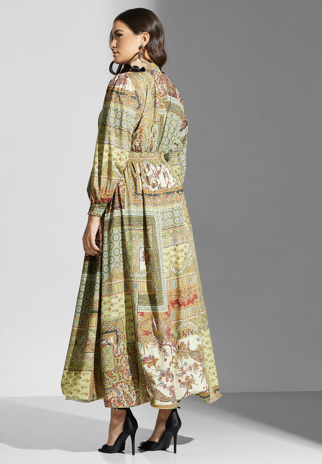 High Neck Tiered Printed Dress