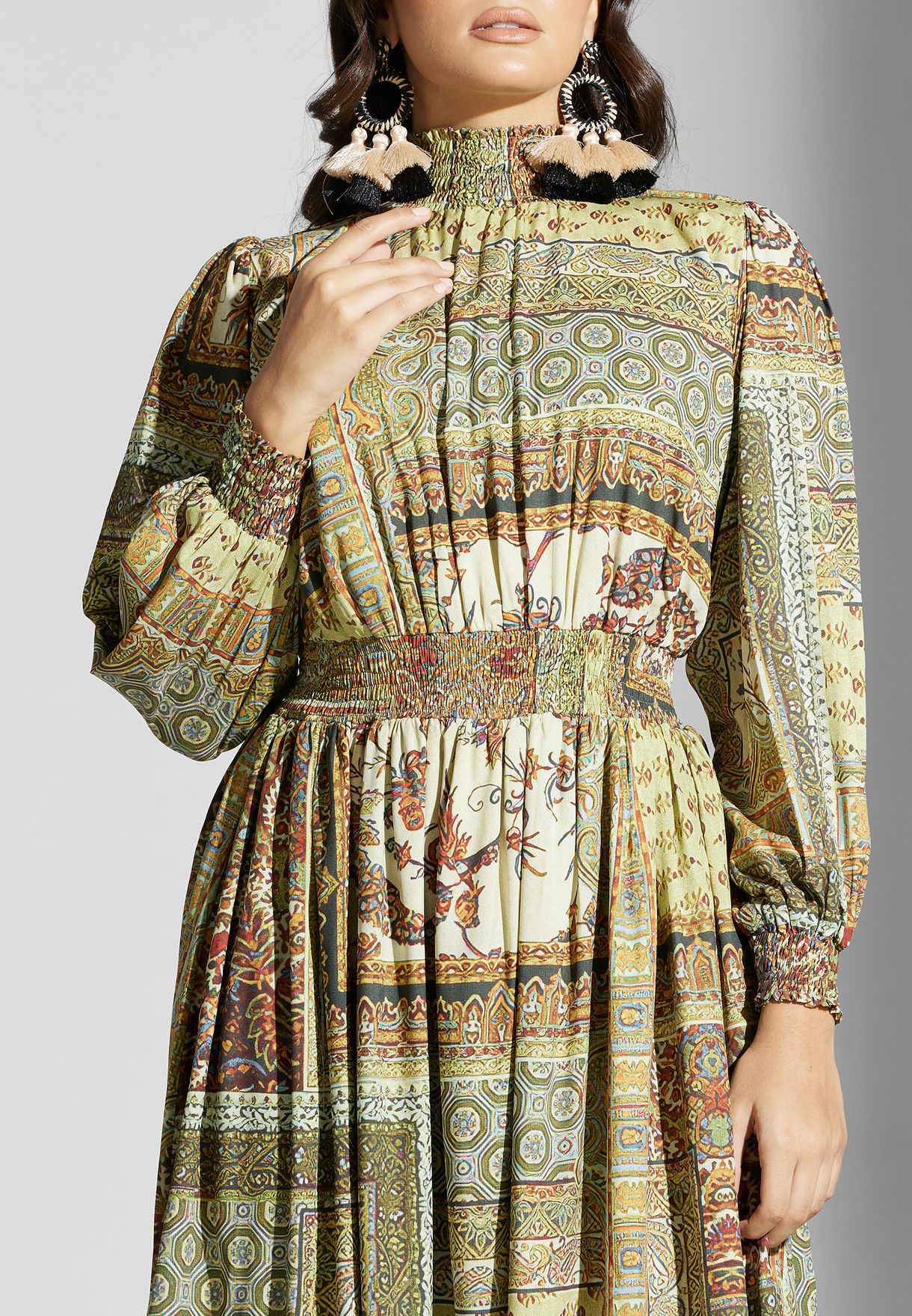 High Neck Tiered Printed Dress