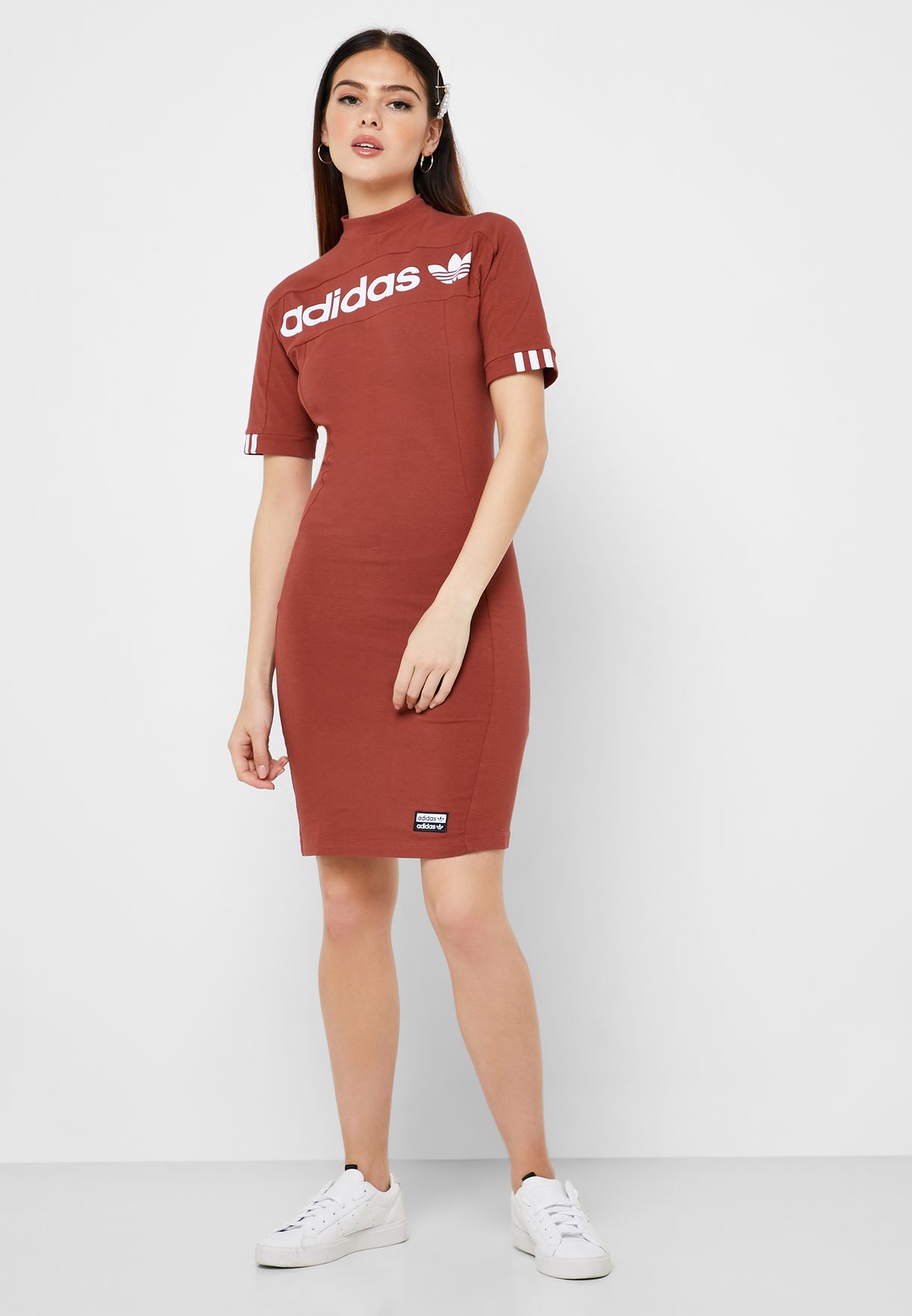 Shop Adidas Originals Red Logo T Shirt Dress Fh7637 For Women In