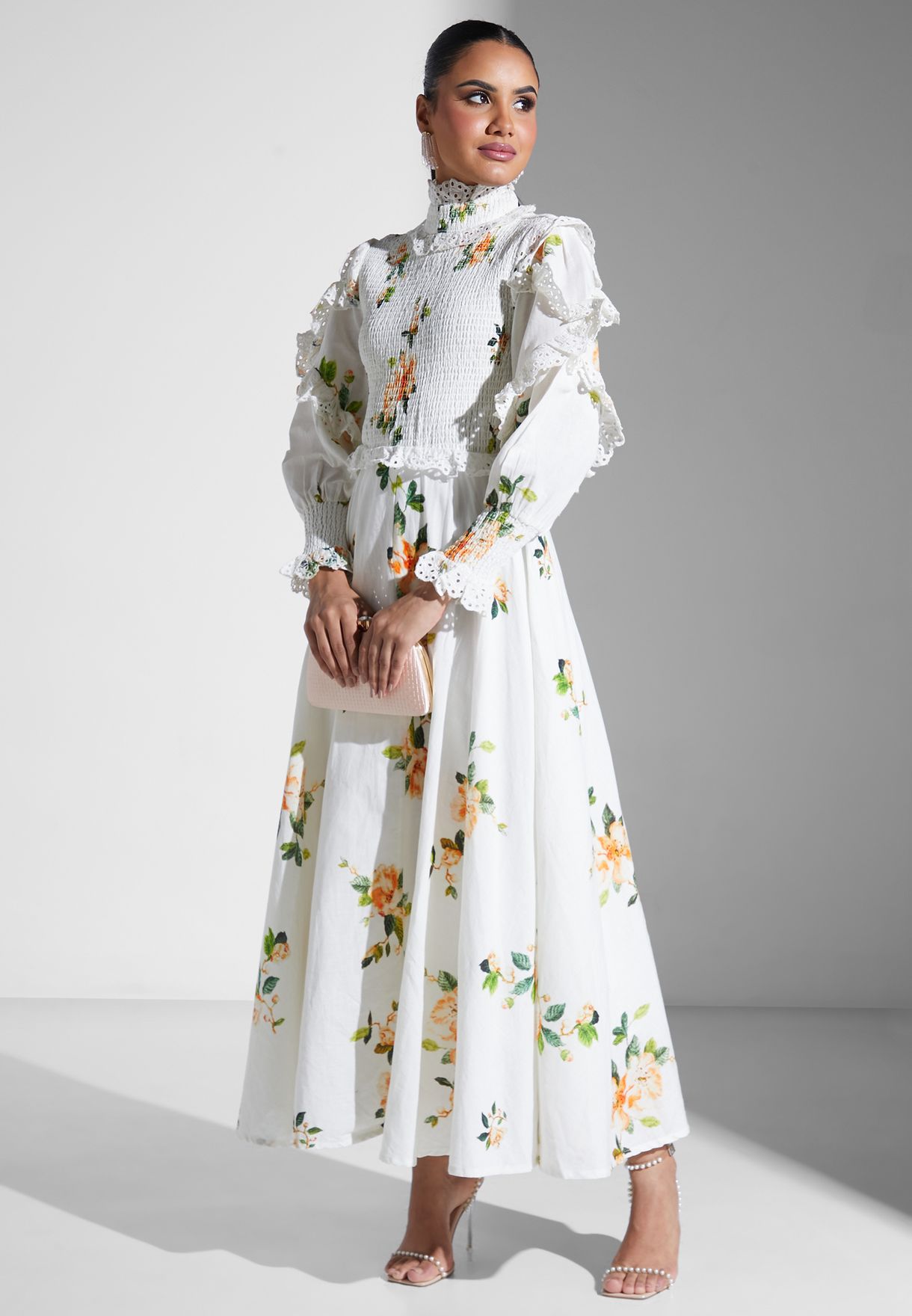 Floral Print Shirred Dress
