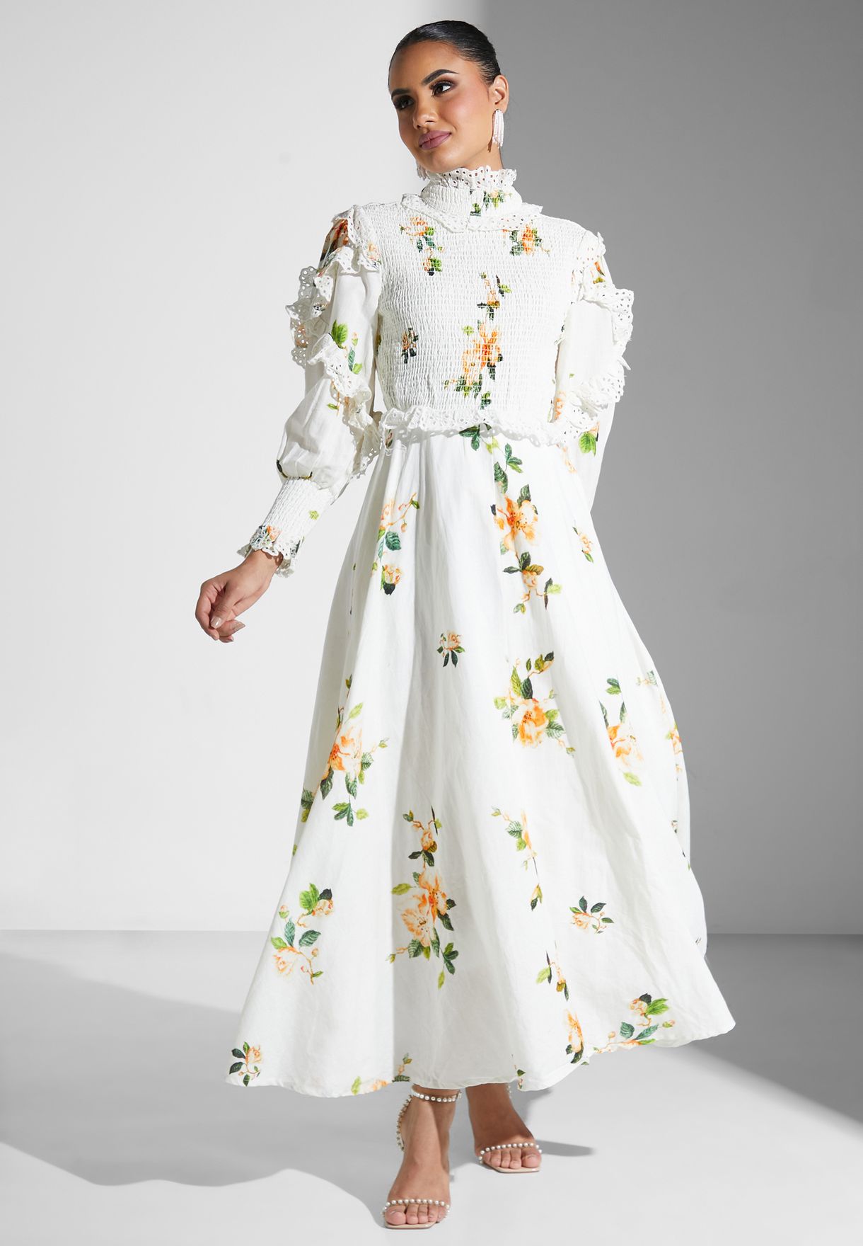 Floral Print Shirred Dress