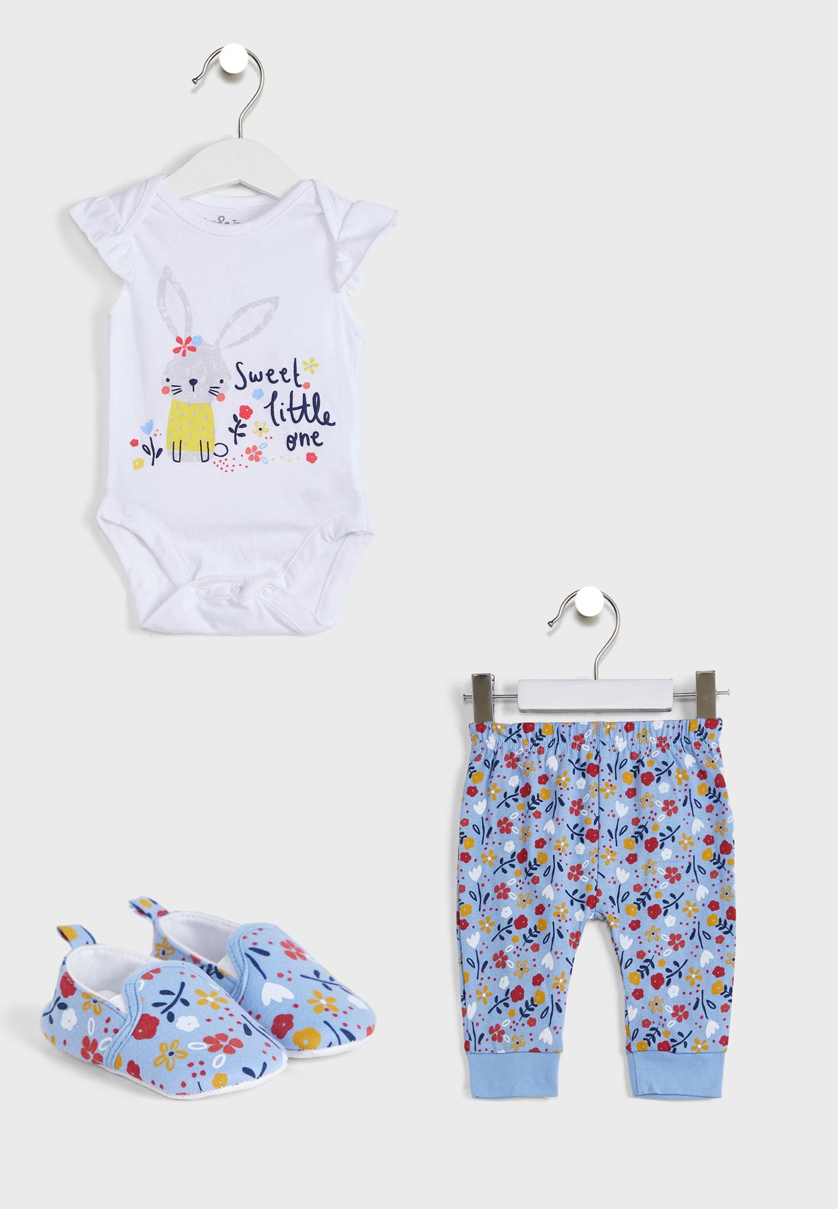 Infant Bunny Print Bodysuit & Trousers Set With Sneakers