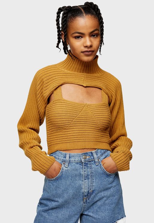 Rib Funnel Cropped Sweater