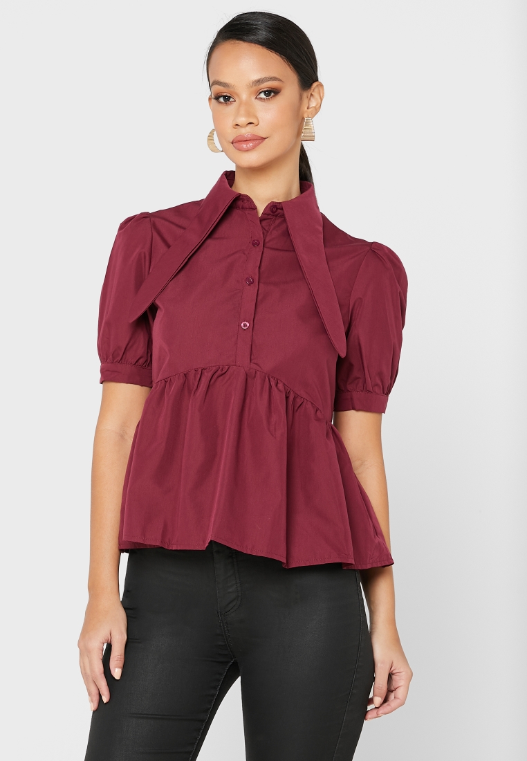 Buy Ella burgundy Collar Pleated Top for Women in Kuwait city