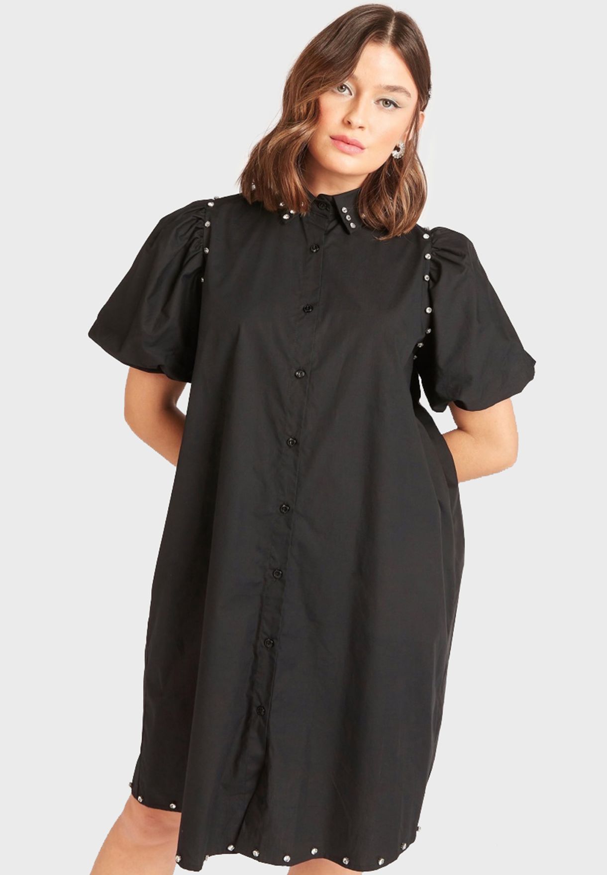 Buy 2Xtremz black Puff Sleeve Button Detail Dress for Women in Doha ...