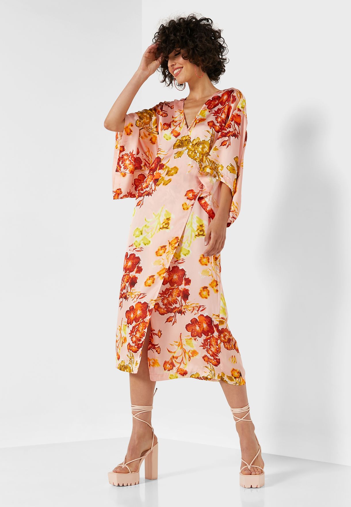 floral print plunge kimono dress