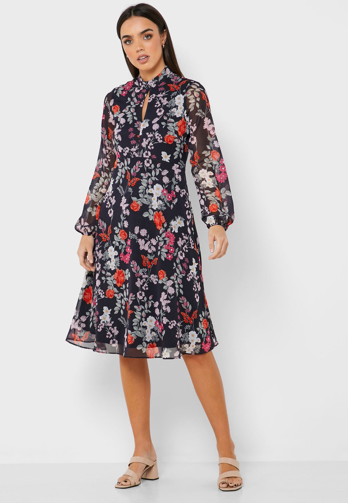 sheer sleeve floral dress