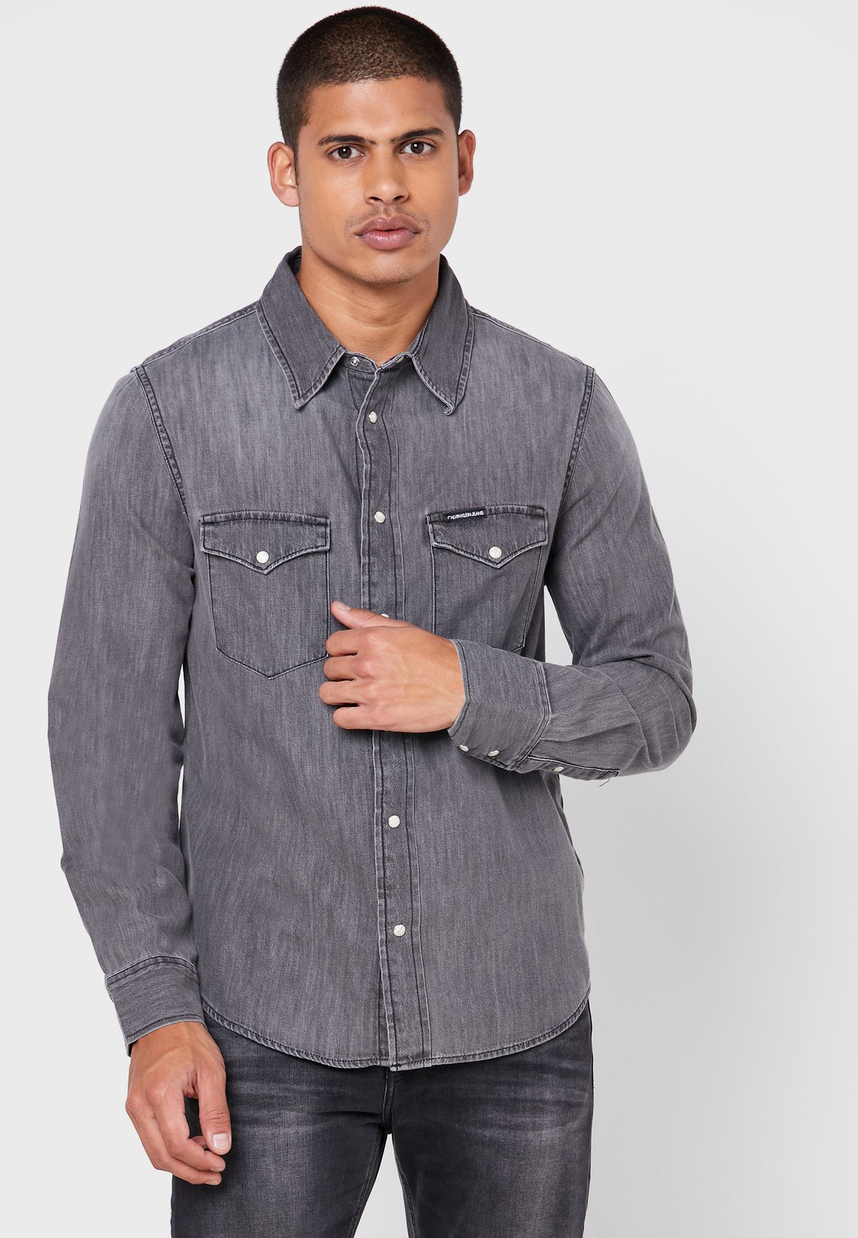 Buy Calvin Klein Jeans grey Button Down Slim Fit Shirt for Men in Doha,  other cities