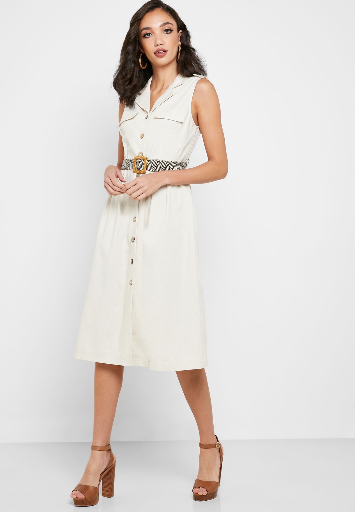 linen belted shirt dress