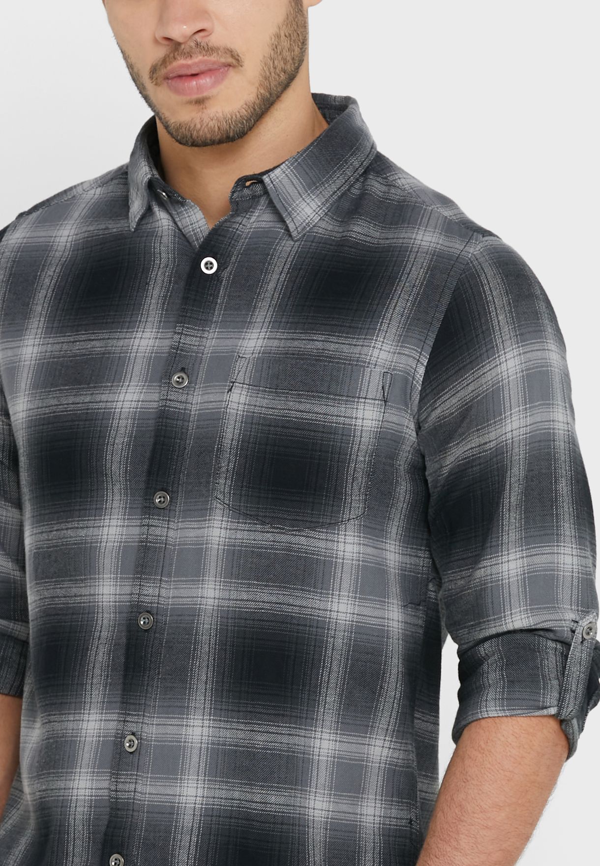 Checked Pocket Chest Hooded Shirt