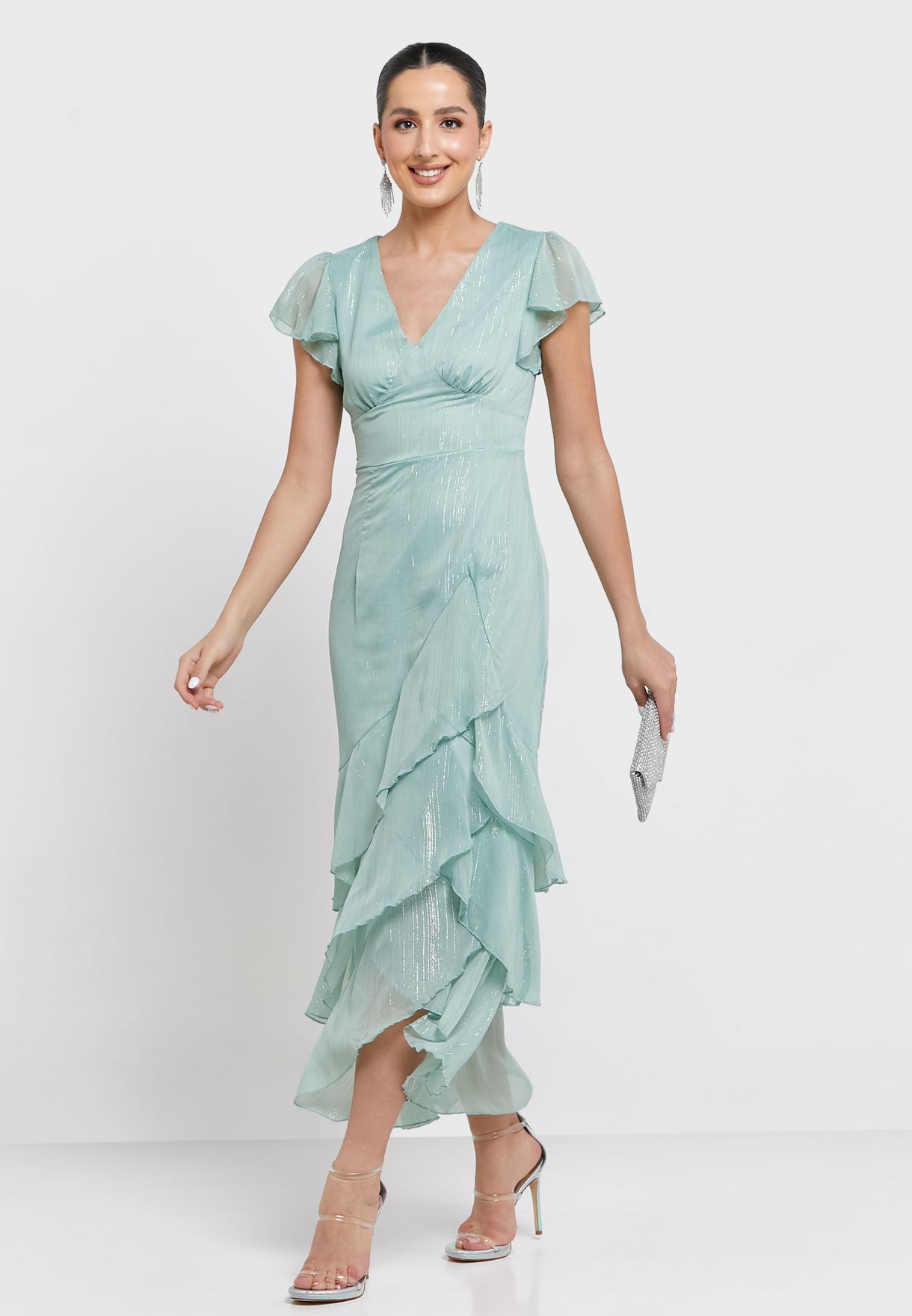 Plunge Neck Ruffle Detail Dress
