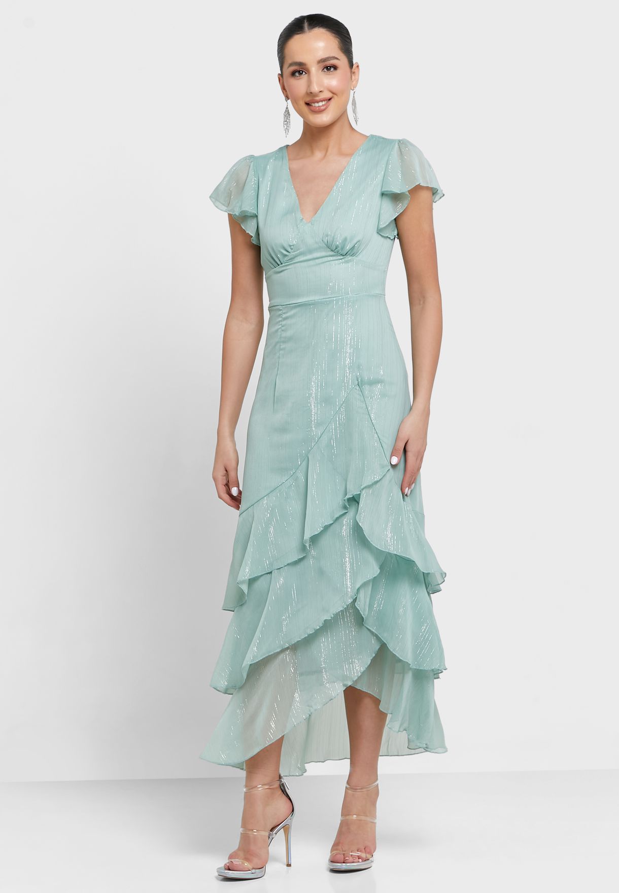 Plunge Neck Ruffle Detail Dress