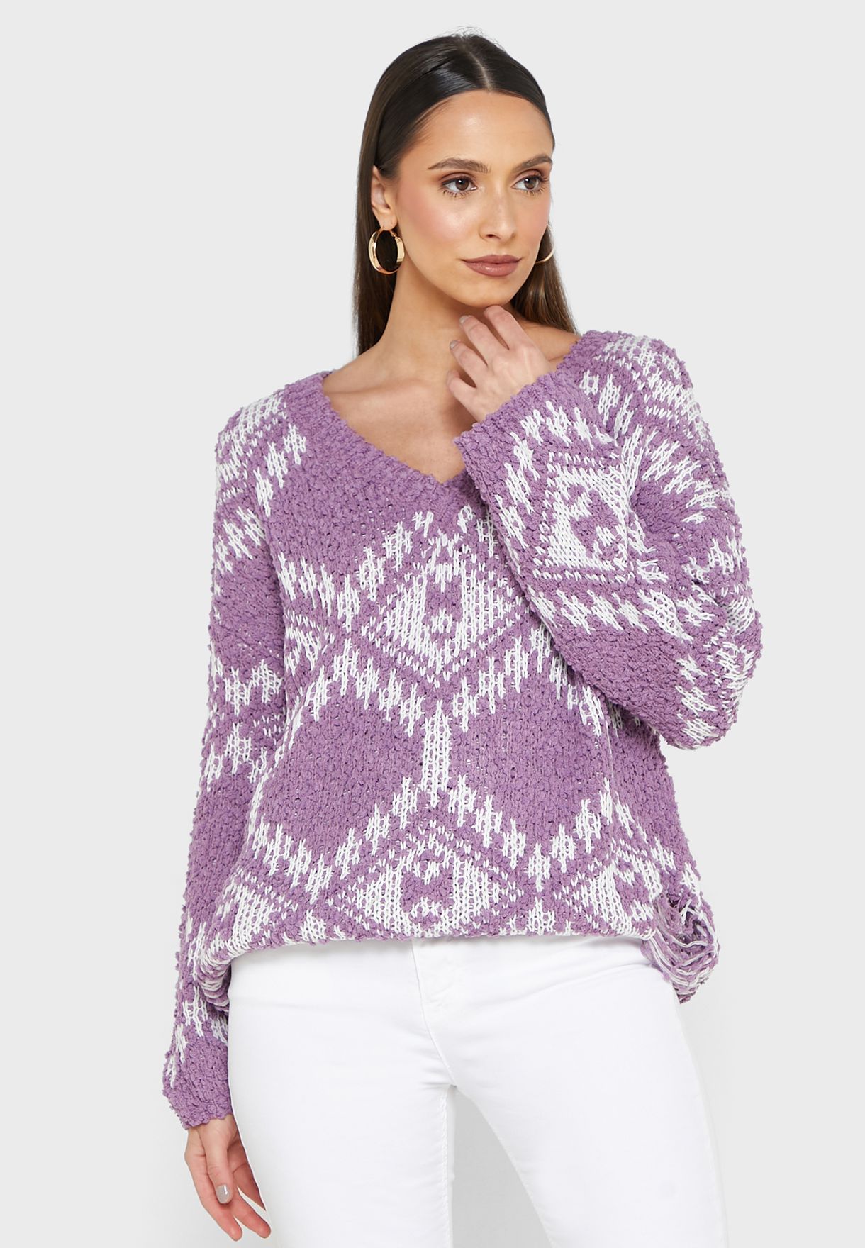 V-Neck Abstract Print Sweater