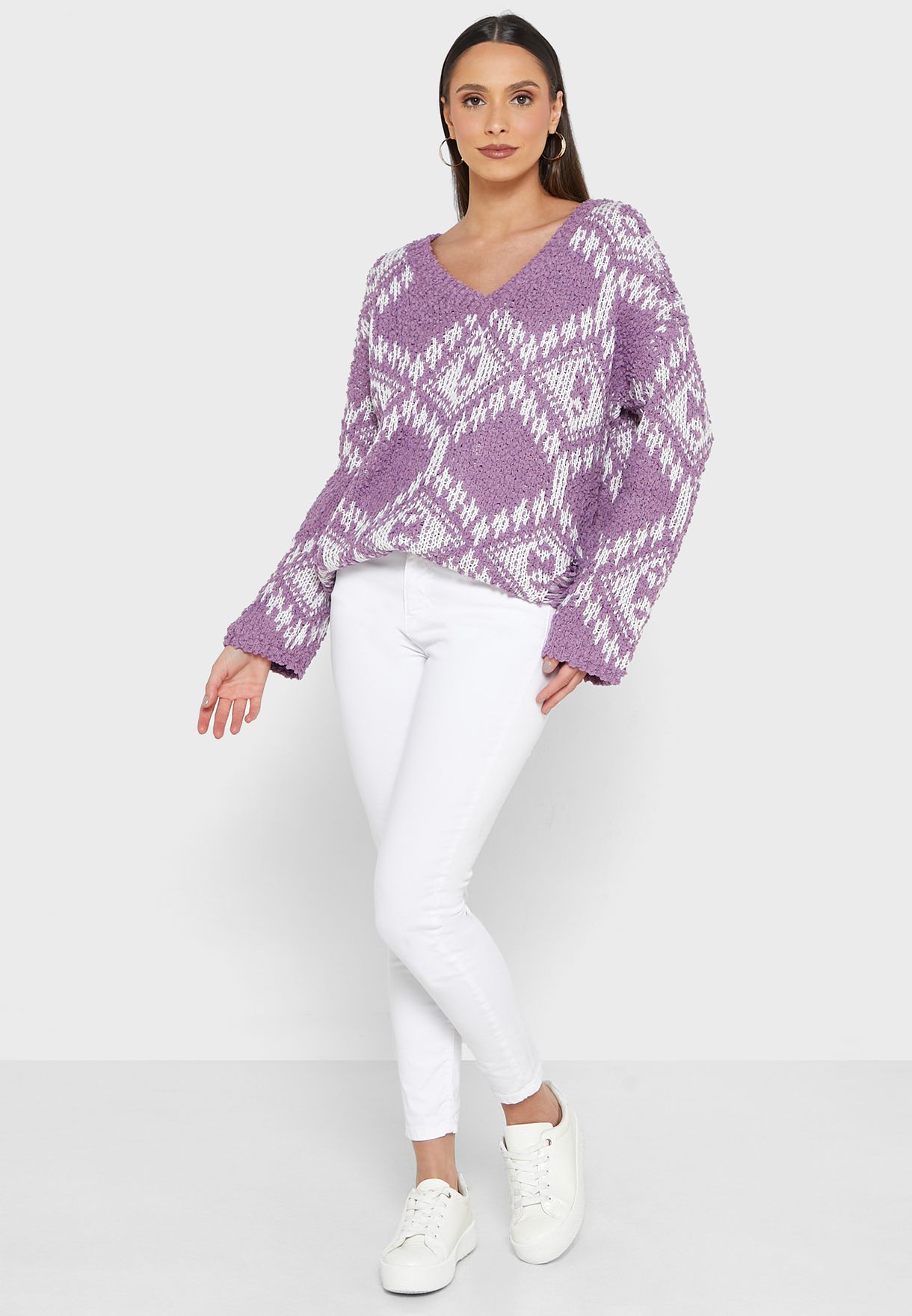 V-Neck Abstract Print Sweater