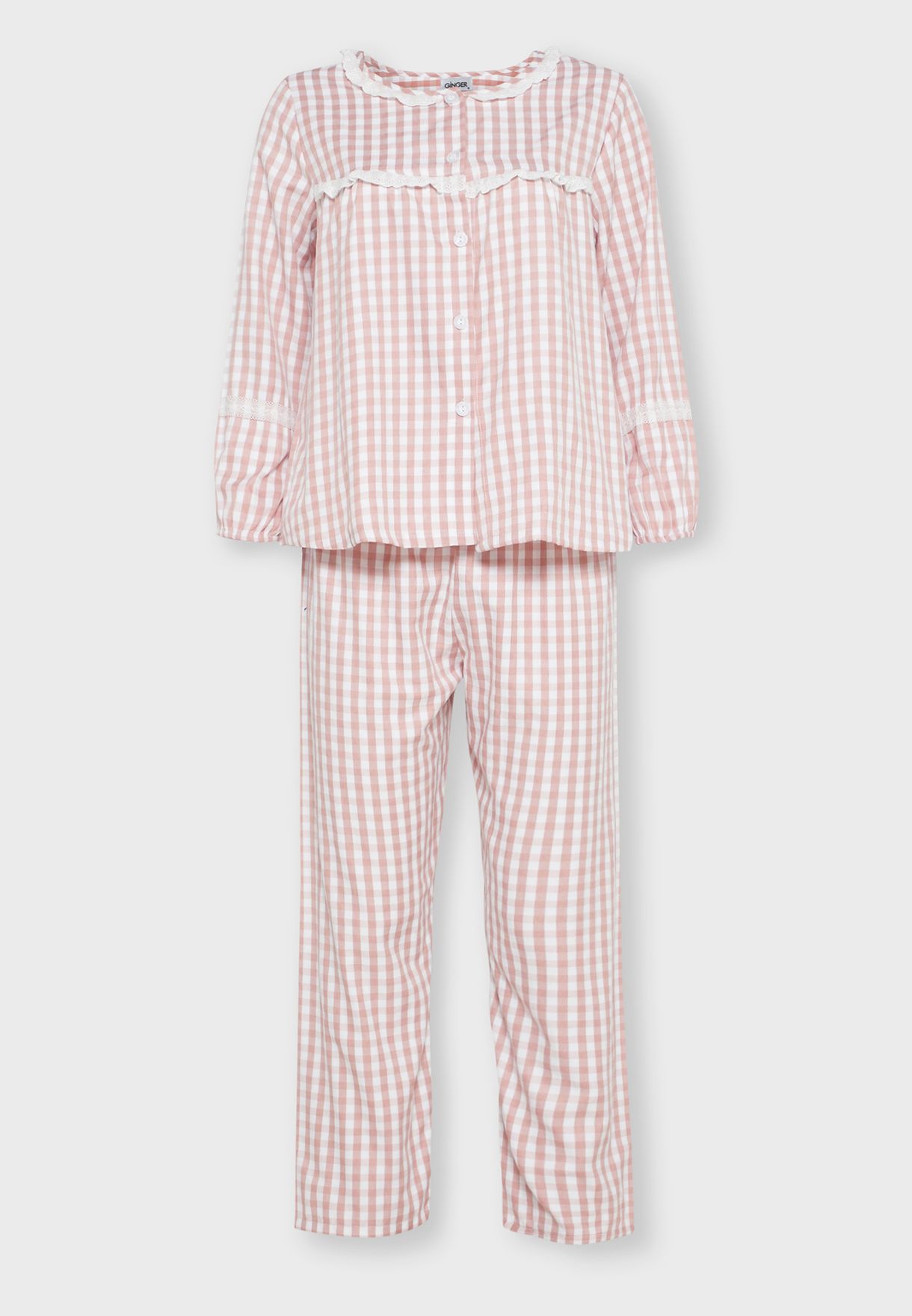 Checked Lace Insert Shirt Pyjama Set