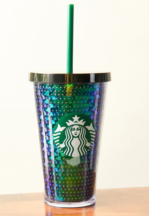 Green Sequin Logo Travel Cup With Straw 16Oz