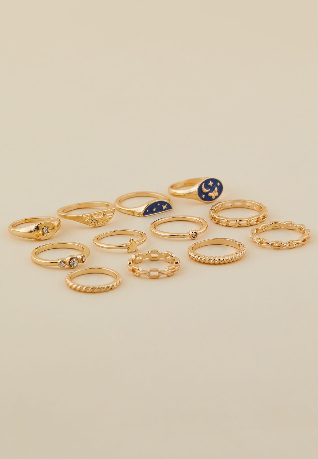 Pack Of 12 Sun, Moon And Star Ring Set 