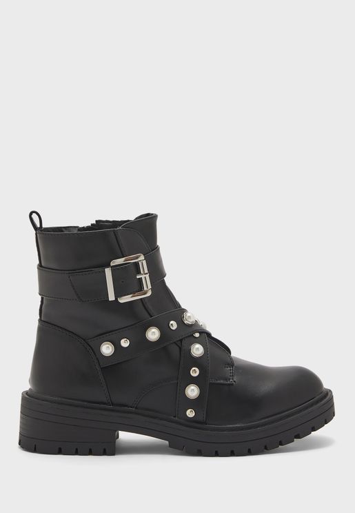 Pearl Studded With Lace Up Ankle Boots