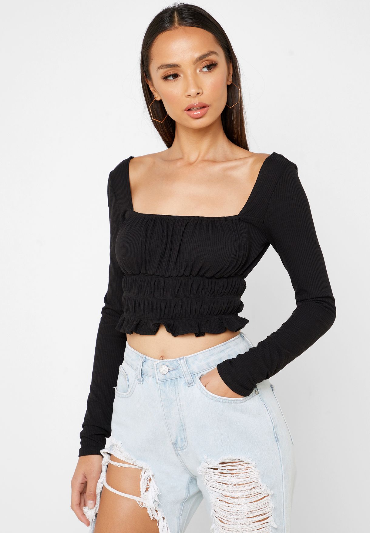 black smocked crop top