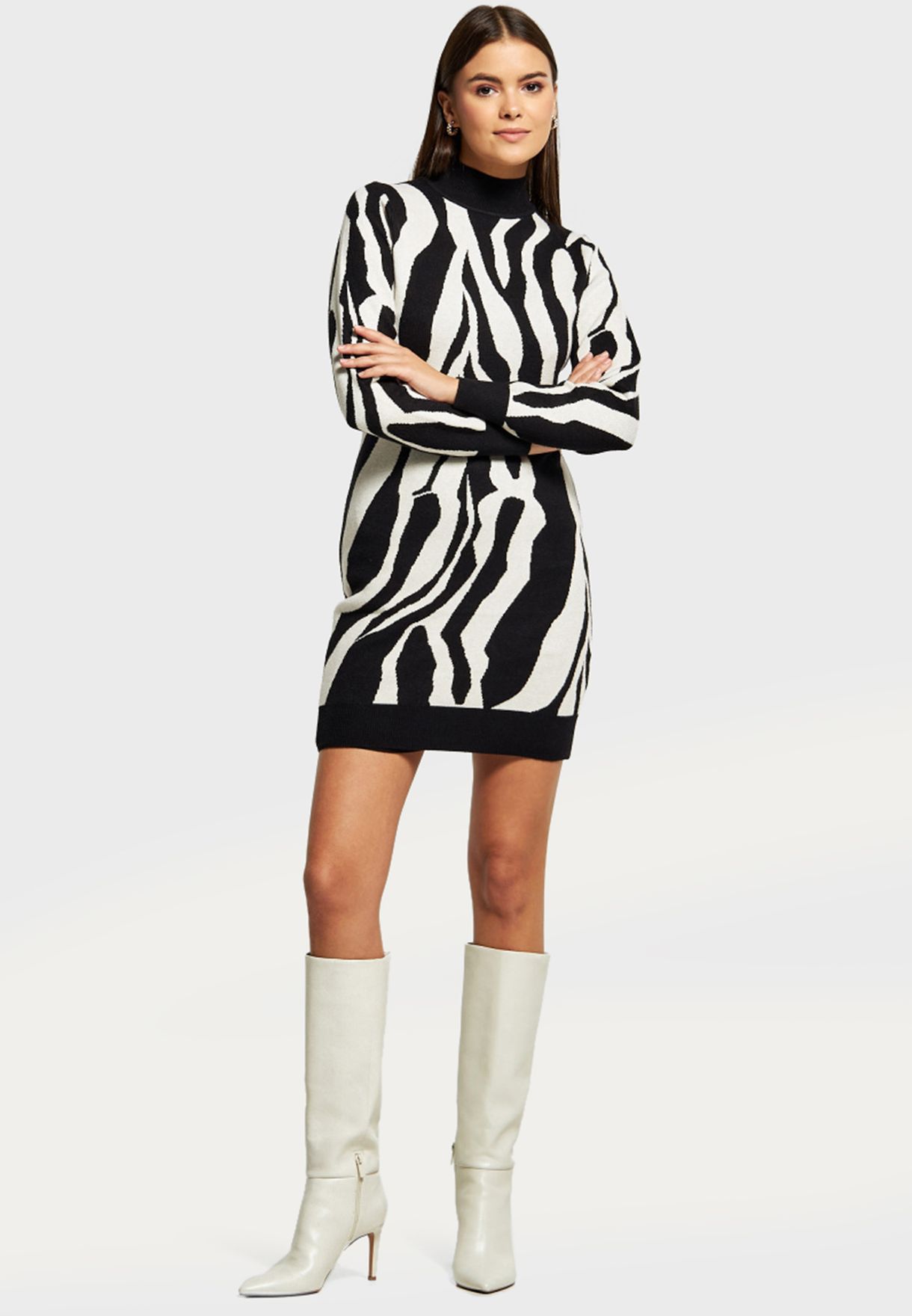 High Neck Printed Knitted Sweater