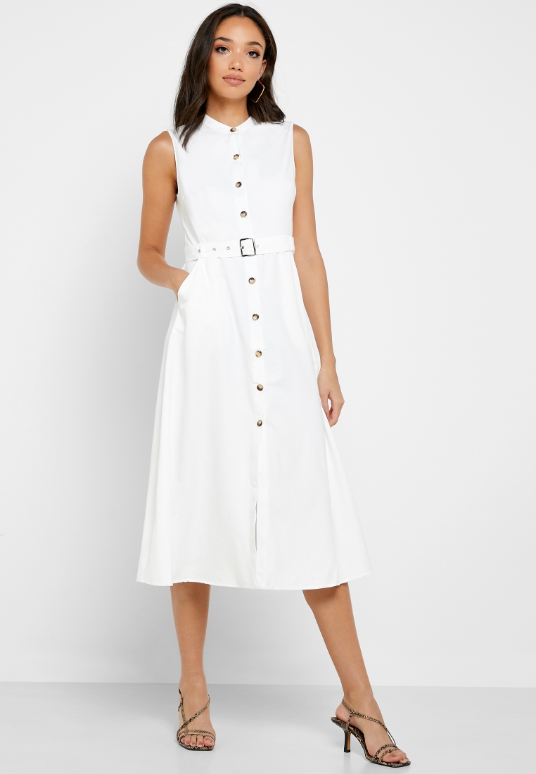 Button Through Belted Collared Jersey Dress