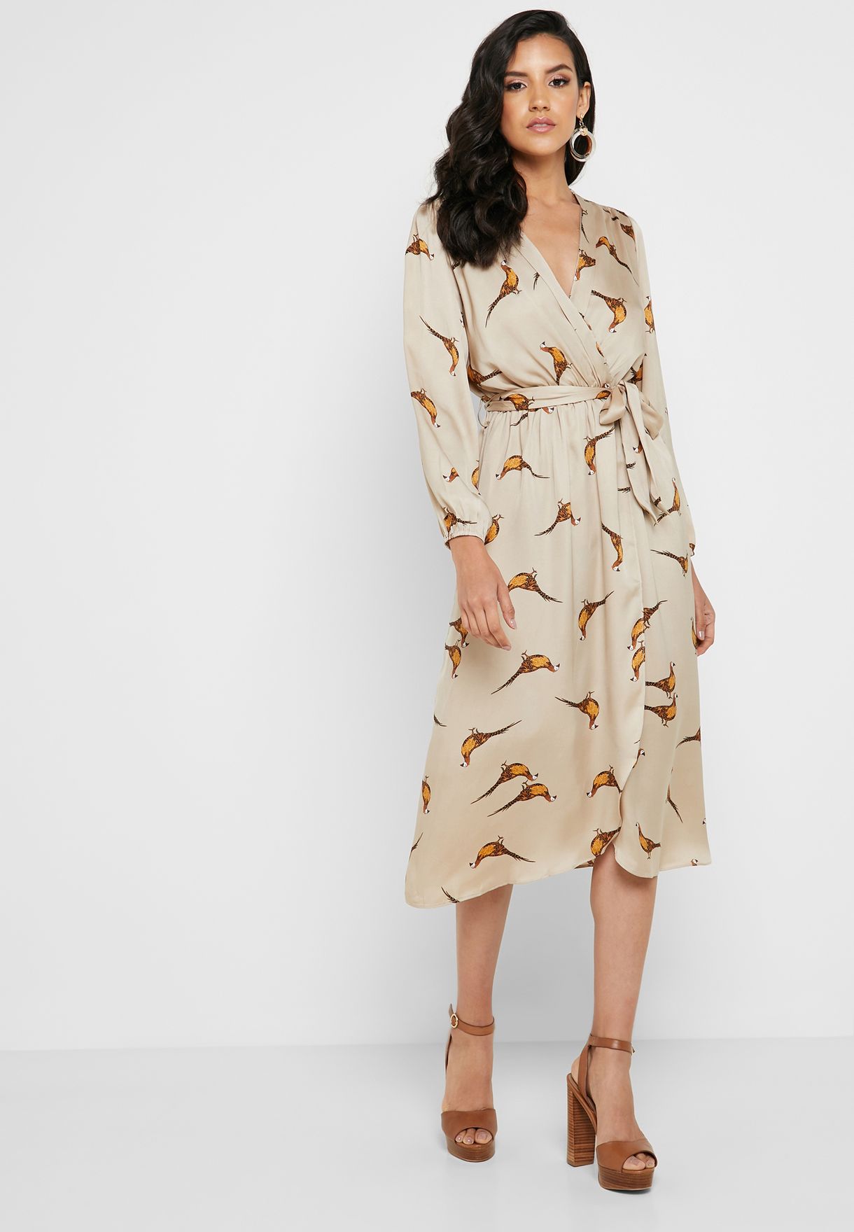 bird print wrap dress
