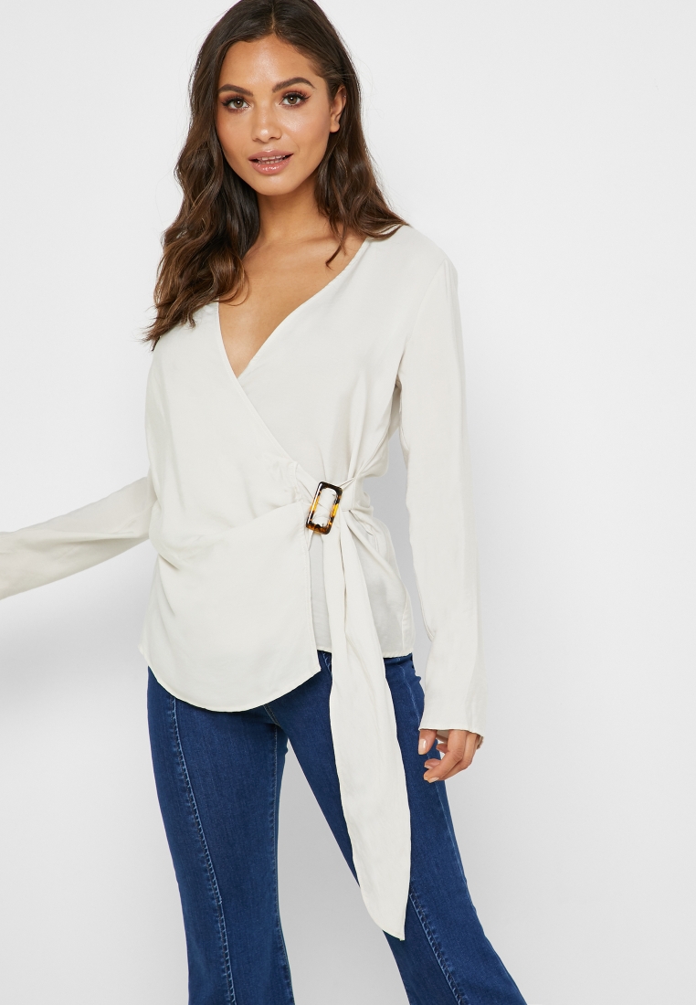 white long sleeve wrap top