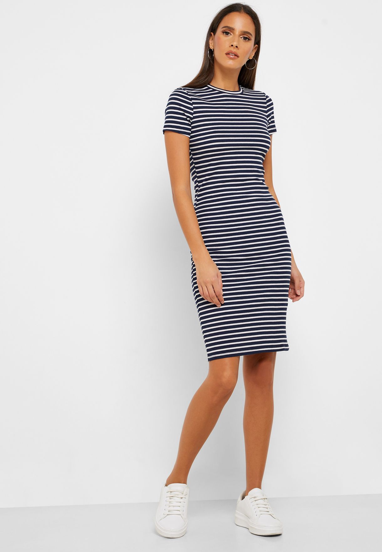 monochrome Striped Short Sleeve Dress ...