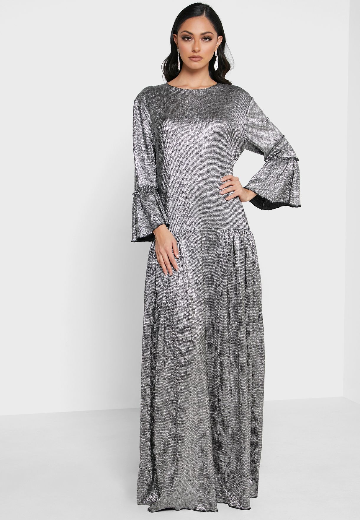 Buy Shahad X Khizana silver Flute Sleeve Shimmer Dress for Women in ...