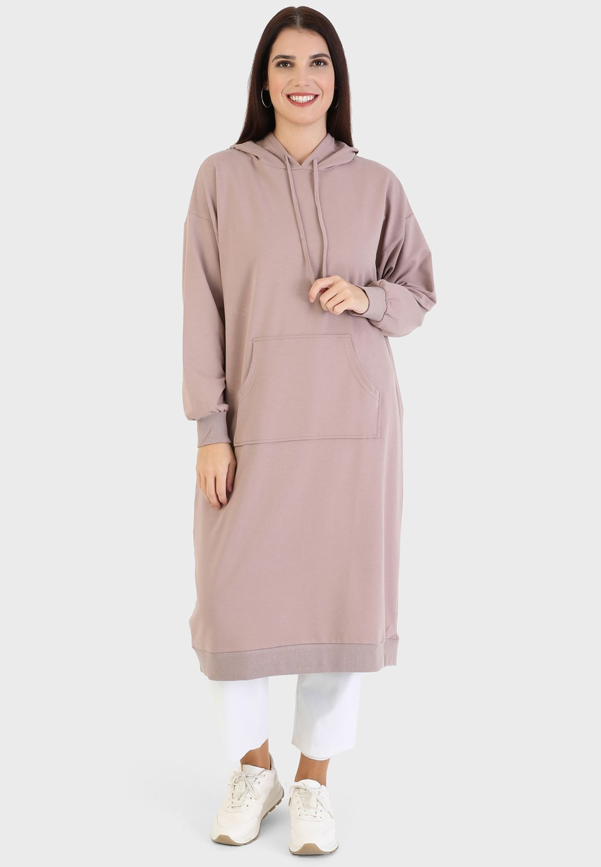 Buy Refka By Modanisa beige Pocket Detail Longline Hoodie for Women in ...