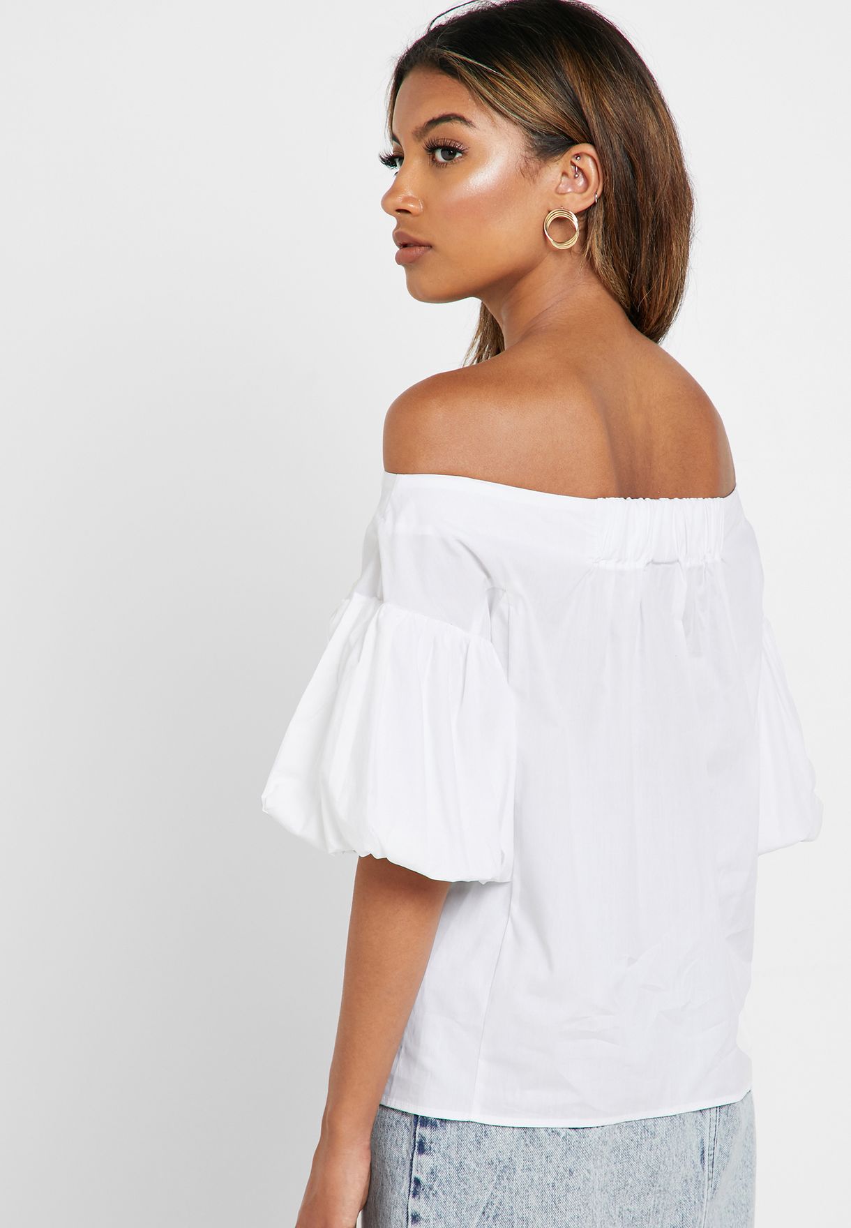 white puff sleeve bardot top