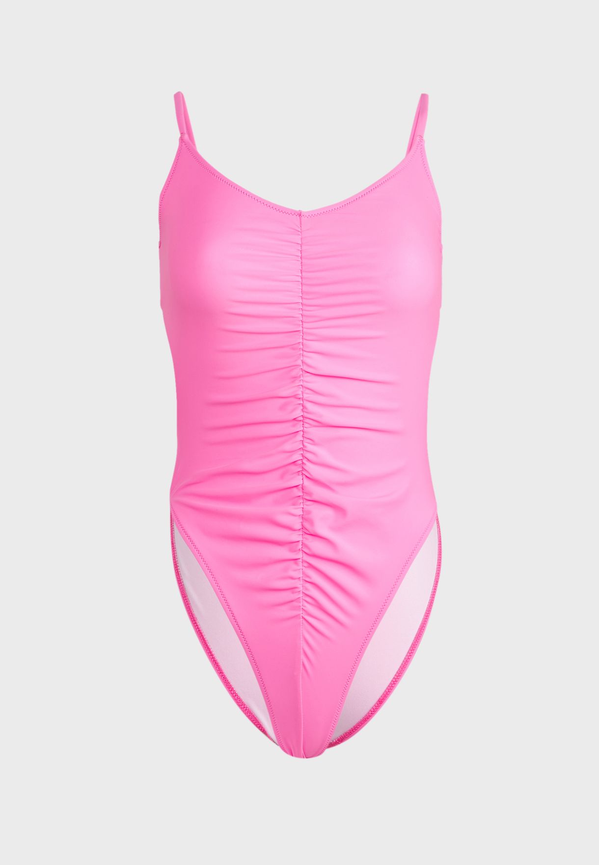 Buy Missguided pink Ruched Front Plunge High Leg Swimsuit for Women in ...