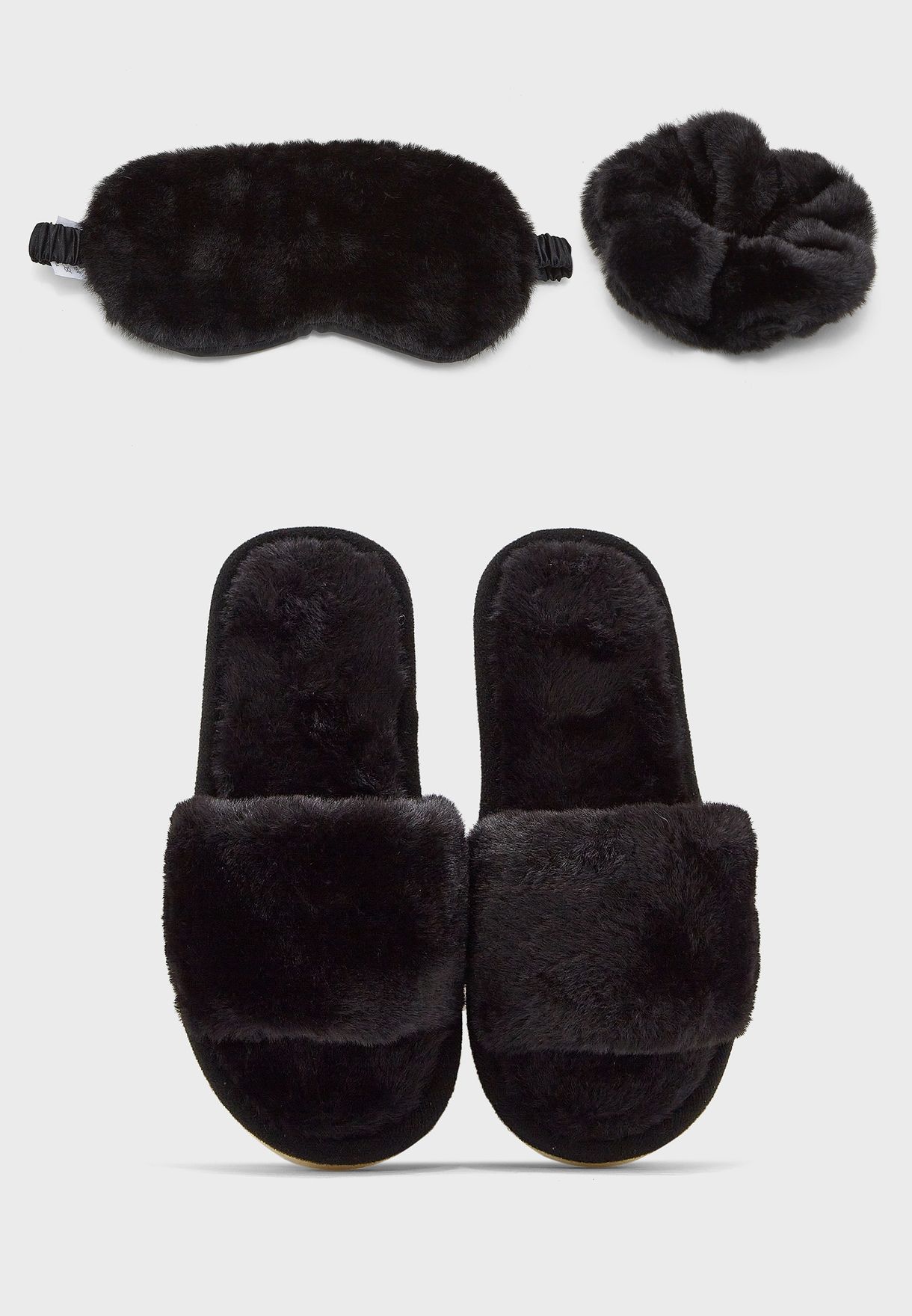 Furry Bedroom Slippers, Eye Cover And Scrunchie Gift Set