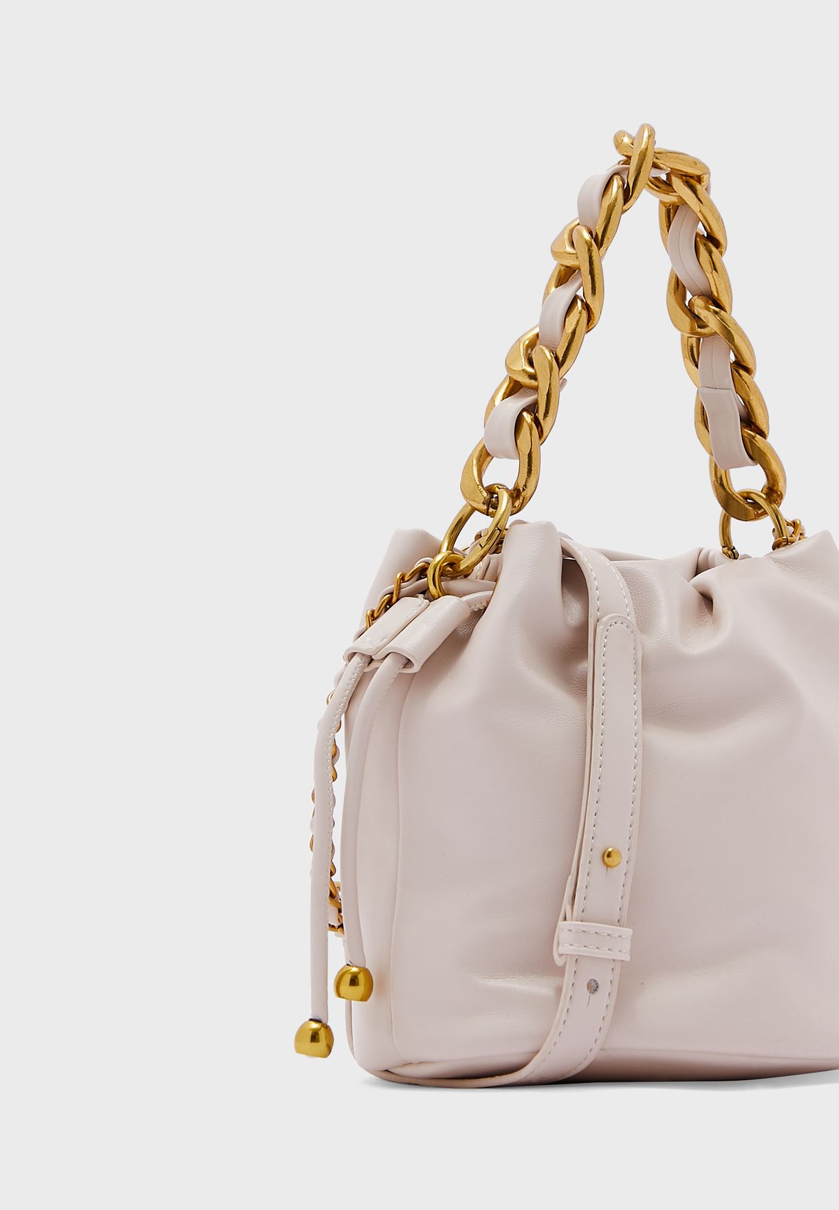 Drawstring Pouch Bucket Bag With Chain And Long Strap