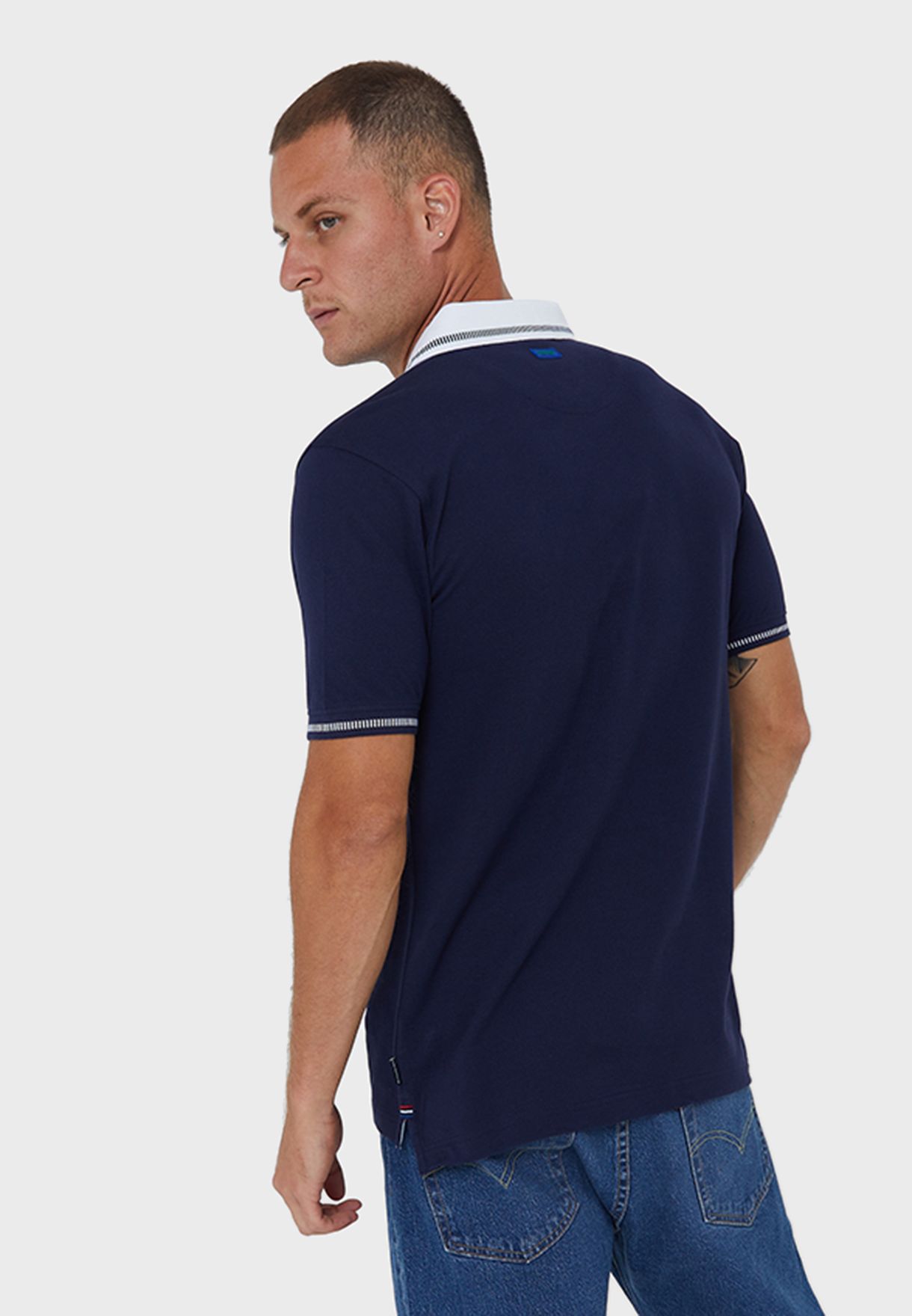 blue polo white collar