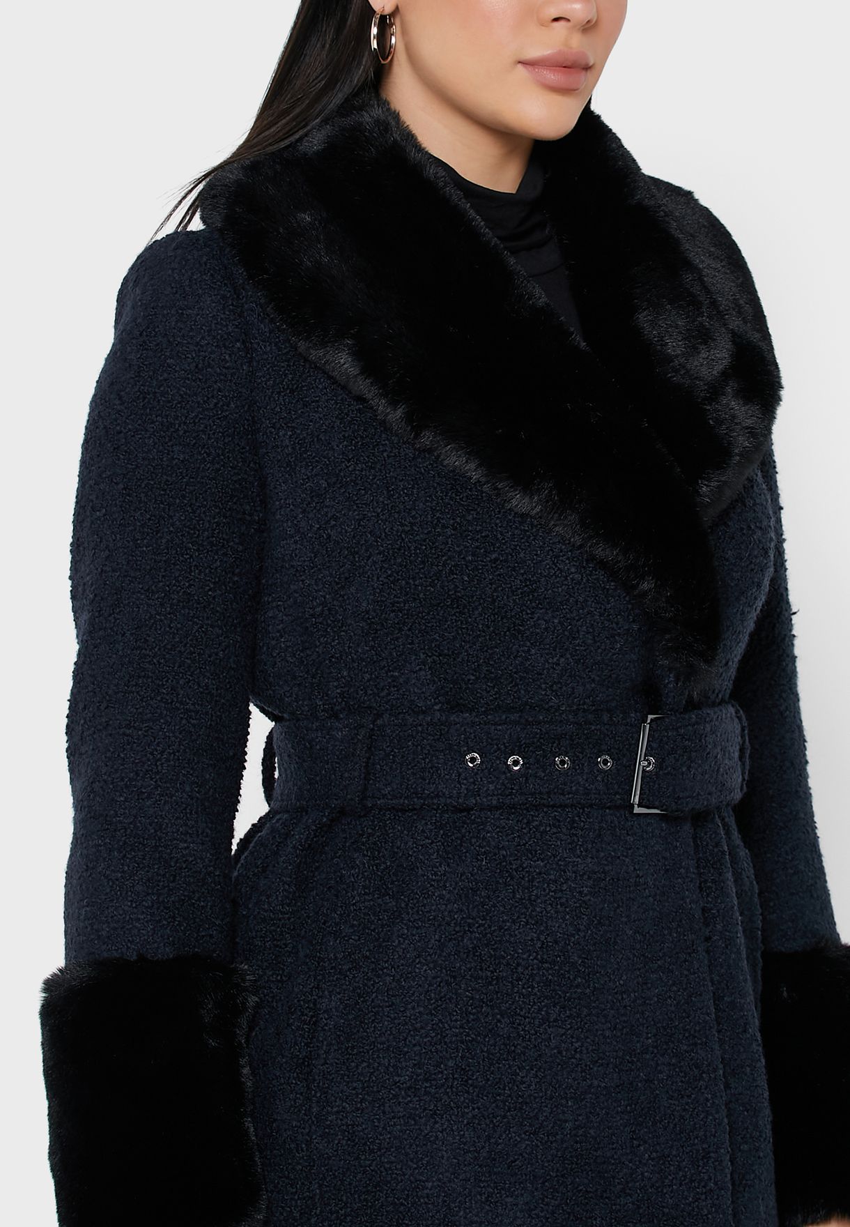 Belted Fur Collar Coat