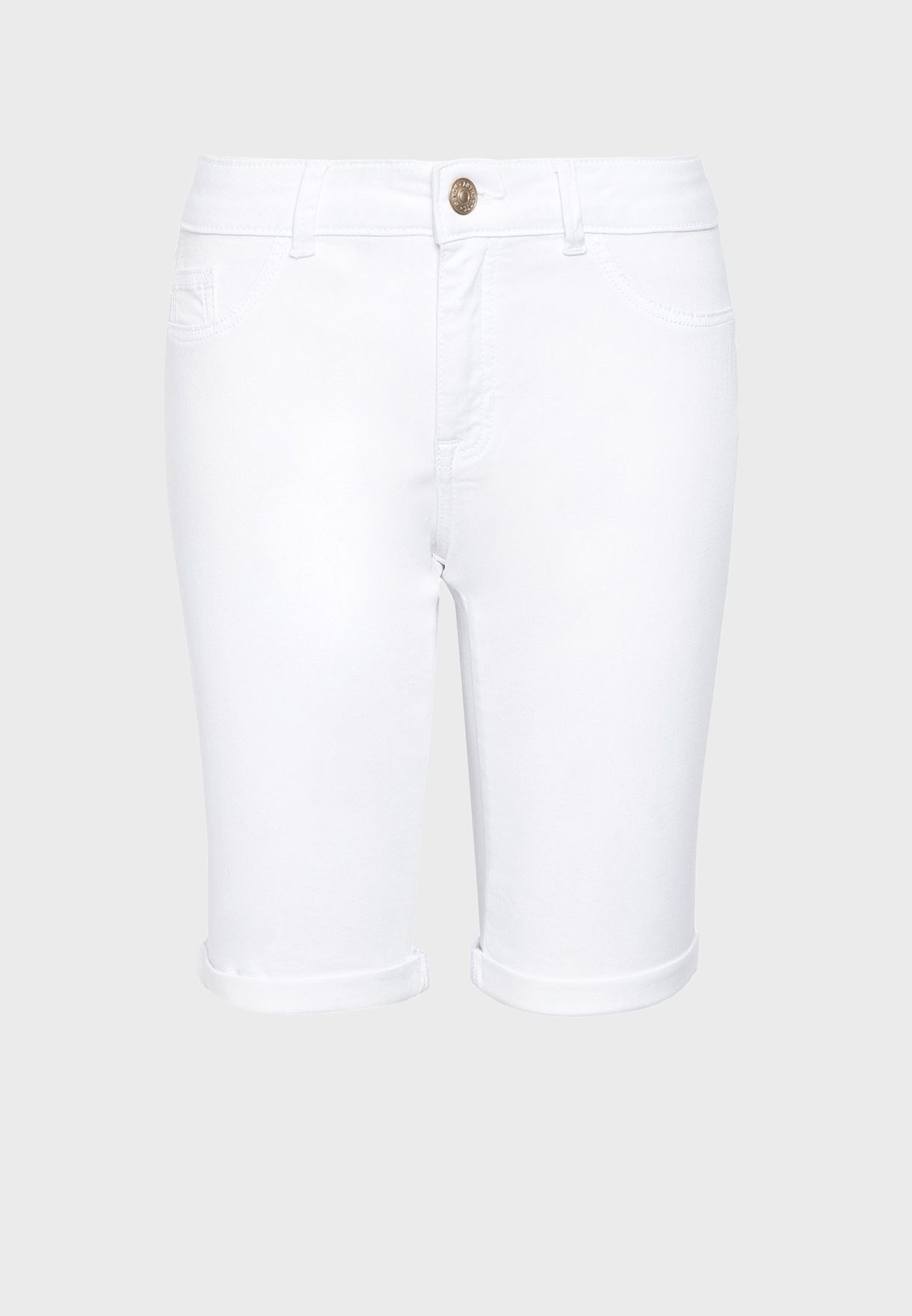 white denim knee length shorts