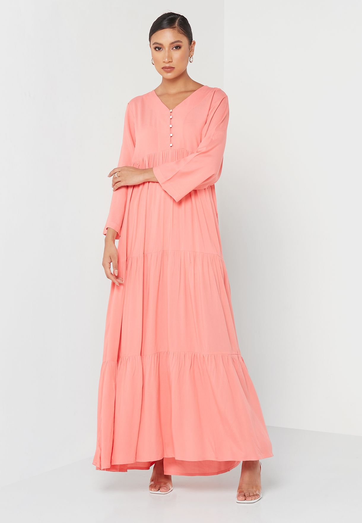 Buy Kashkha pink Button Detail Tiered Dress for Women in MENA, Worldwide