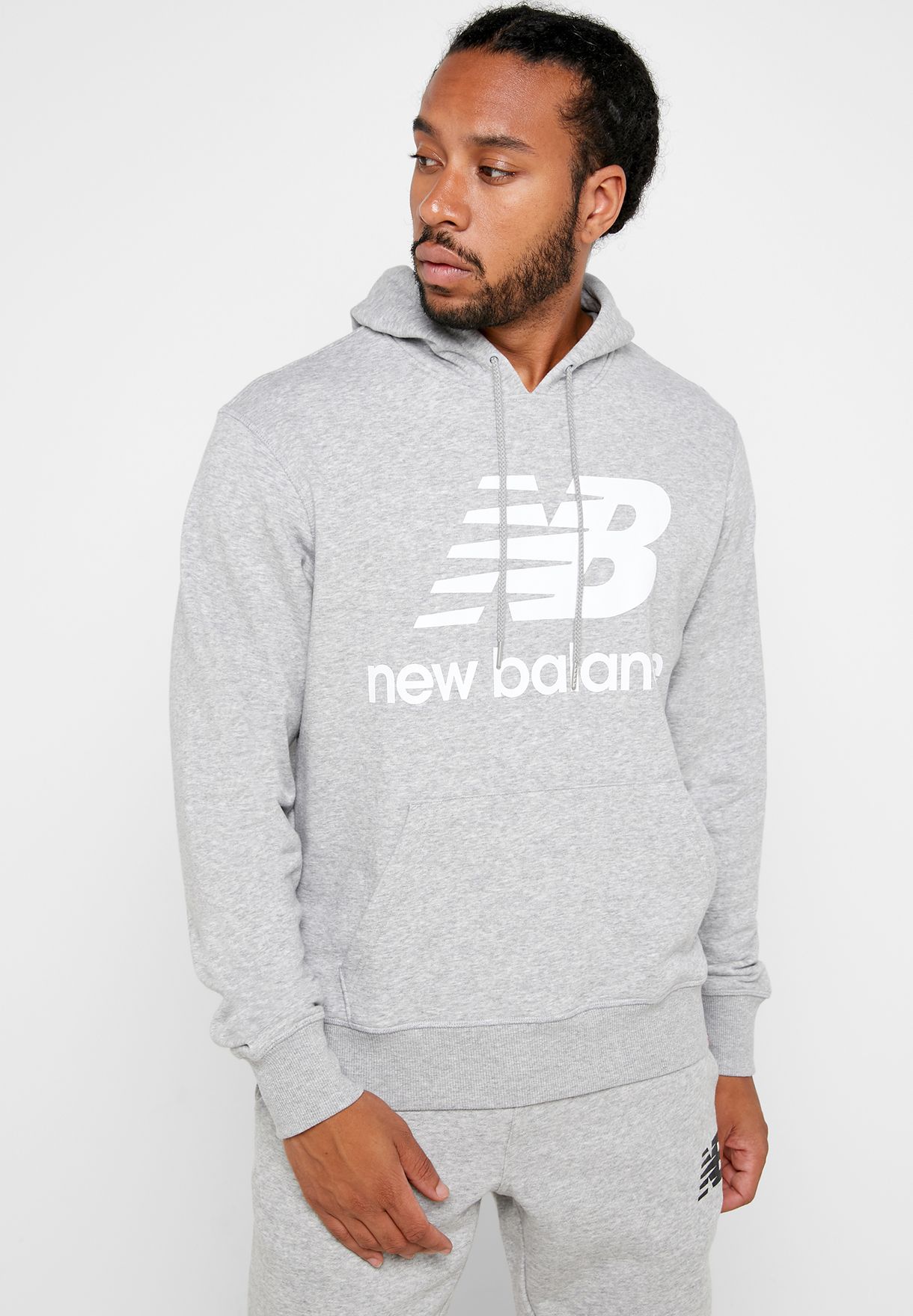 Shop New Balance Grey Essential Stacked Logo Hoodie Mt91547 For