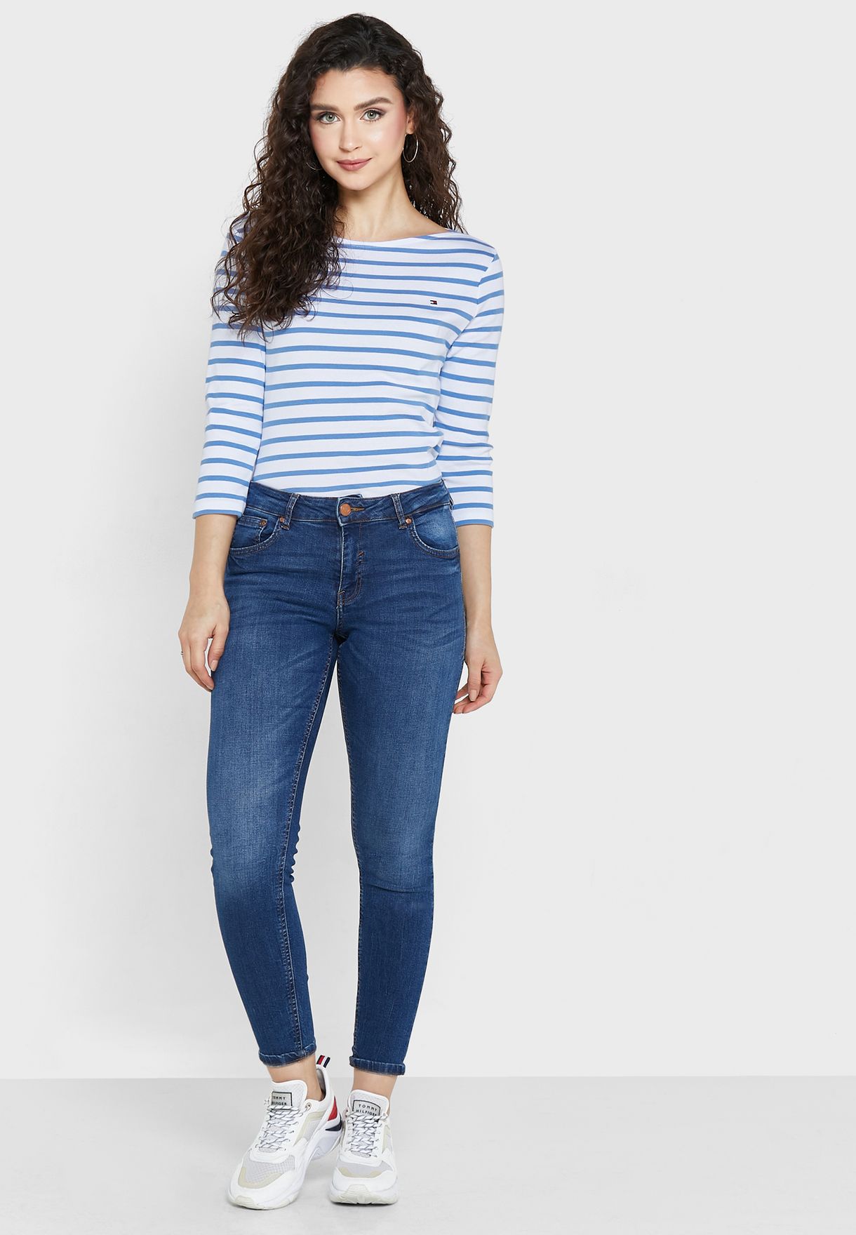 Boat Neck Striped Logo Top