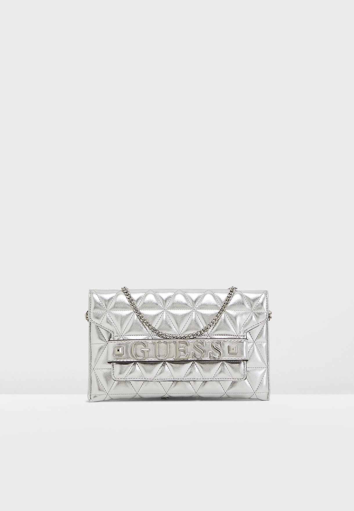 guess silver clutch bag