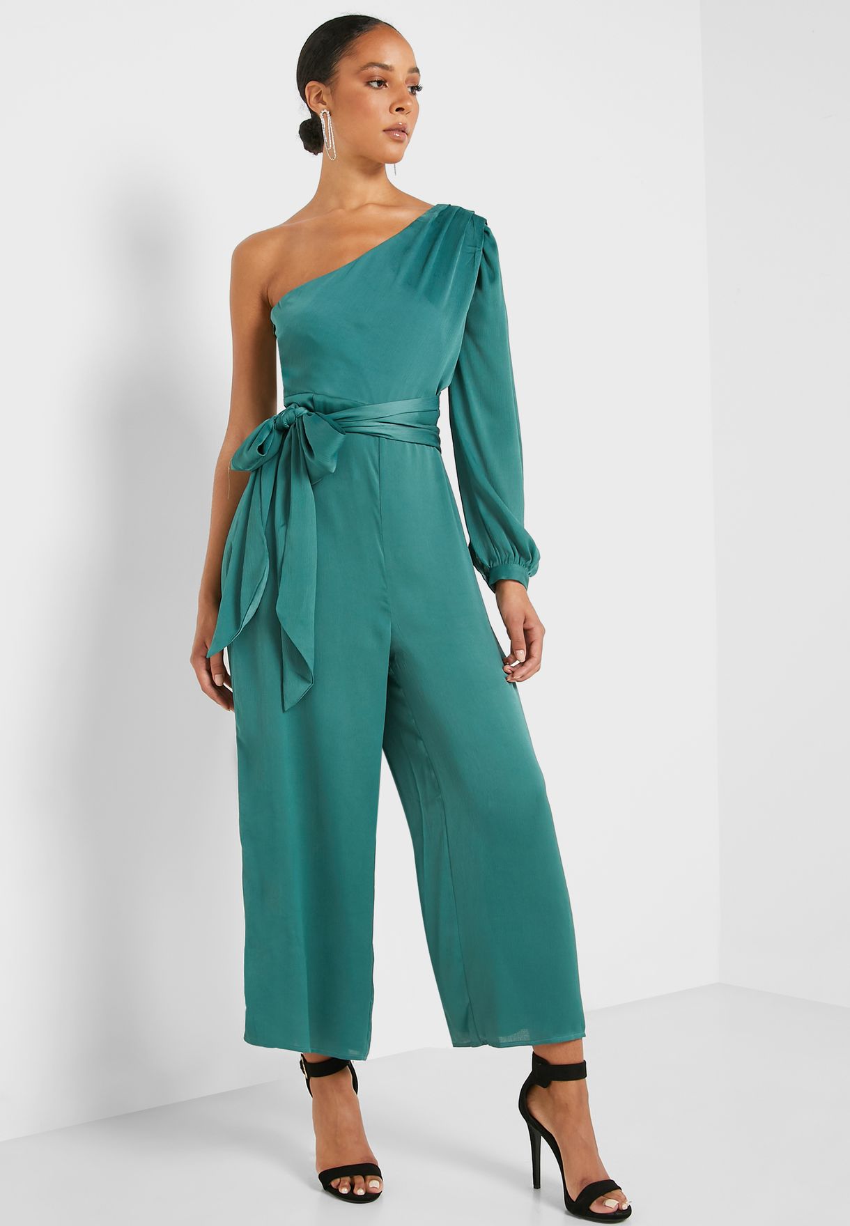 one shoulder tie waist jumpsuit