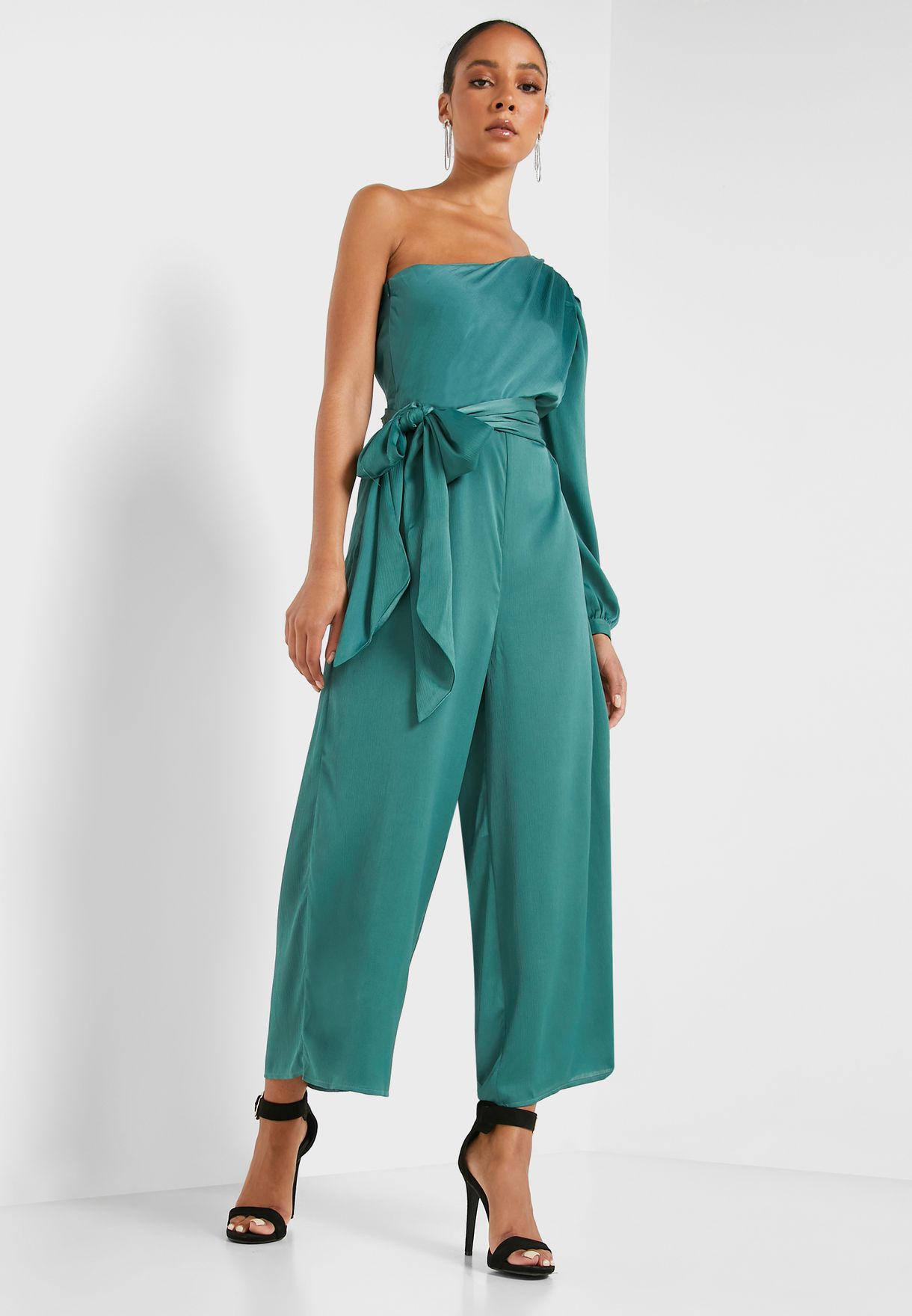 one shoulder tie waist jumpsuit