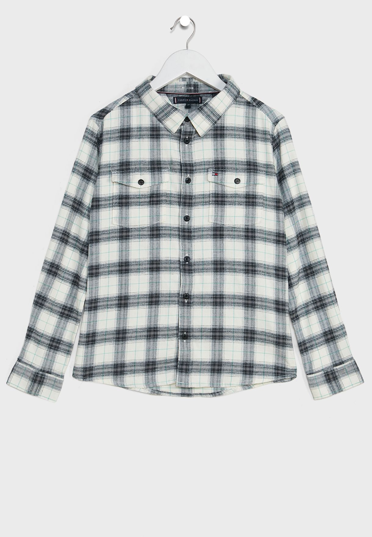 Kids Stretch Twill Hooded Checked Shirt