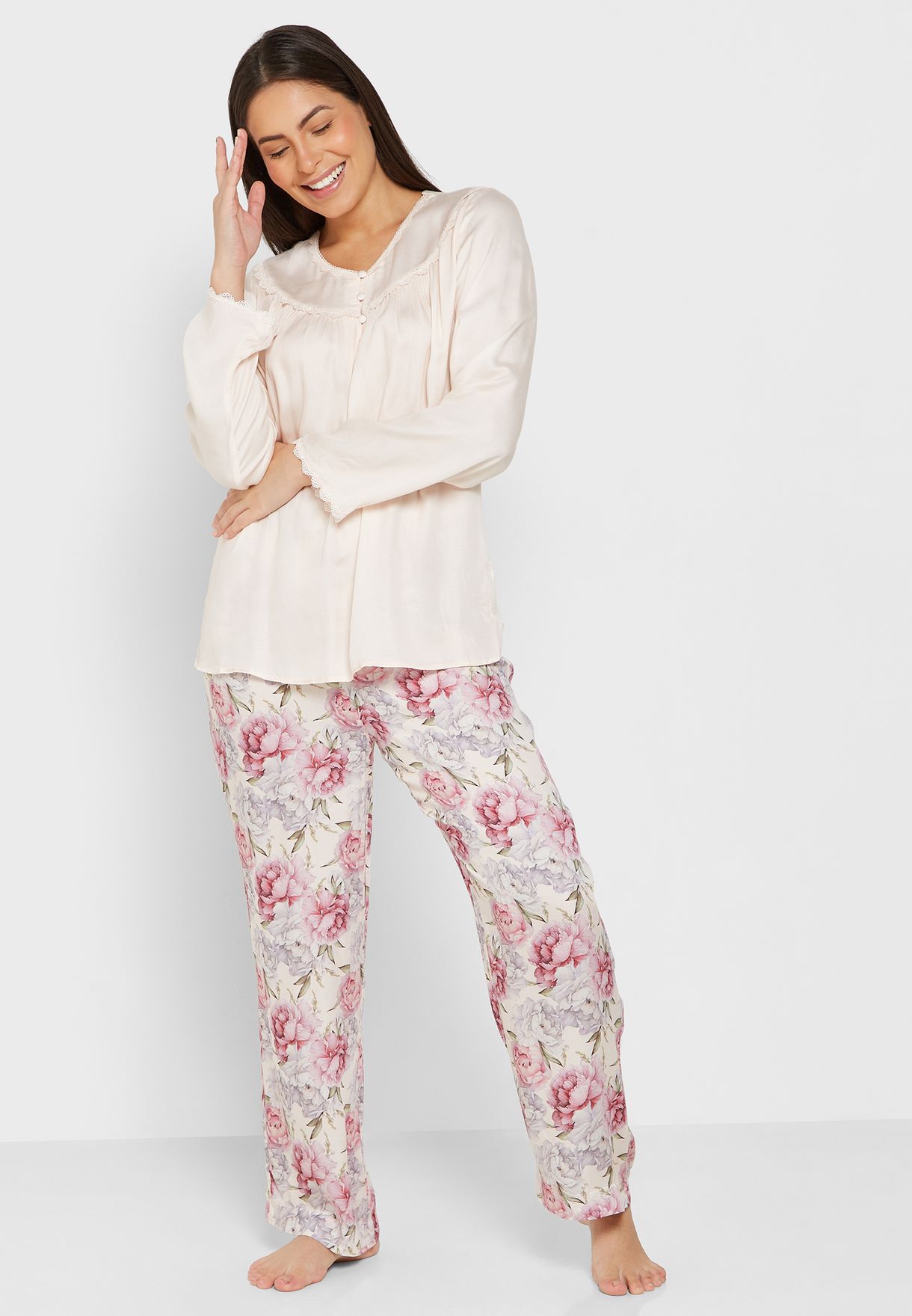 Printed Lace Detail Top & Pyjama Set