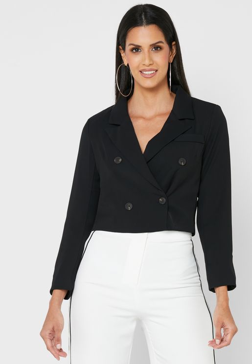Double Breasted Cropped Solid Blazer