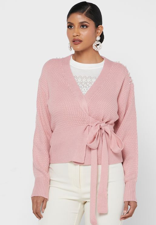 Belted Cardigan With Pearl Detailing On Shoulders
